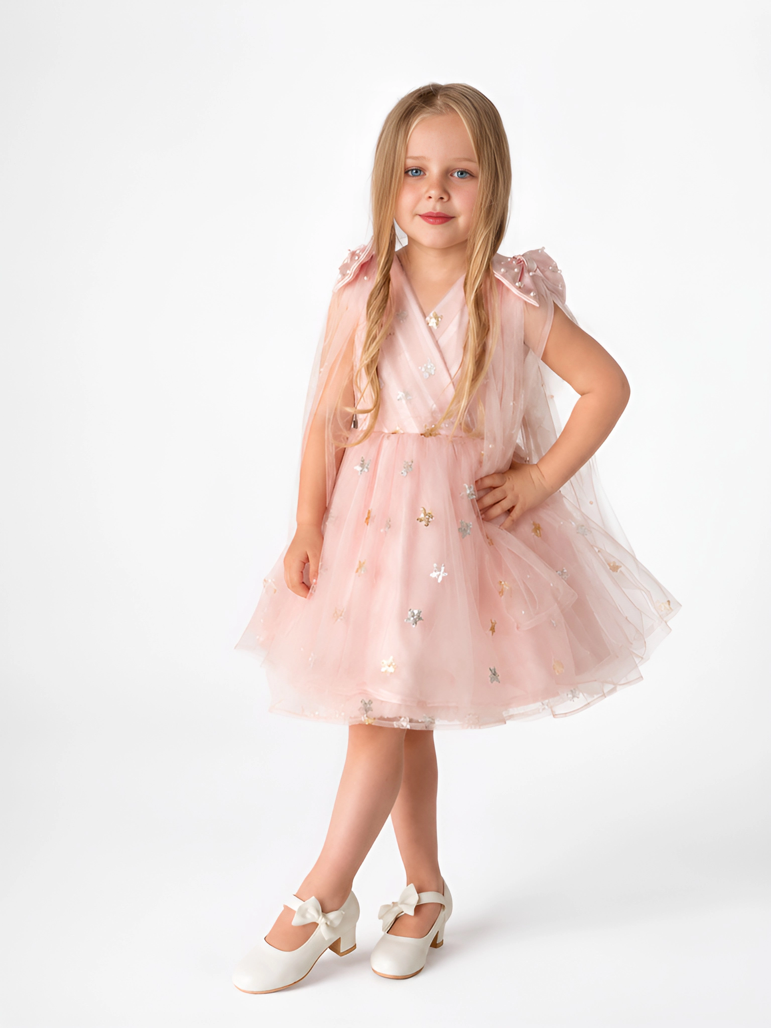 Faeella Girls Twinkle Star Blush Pink Sequin Birthday Dress