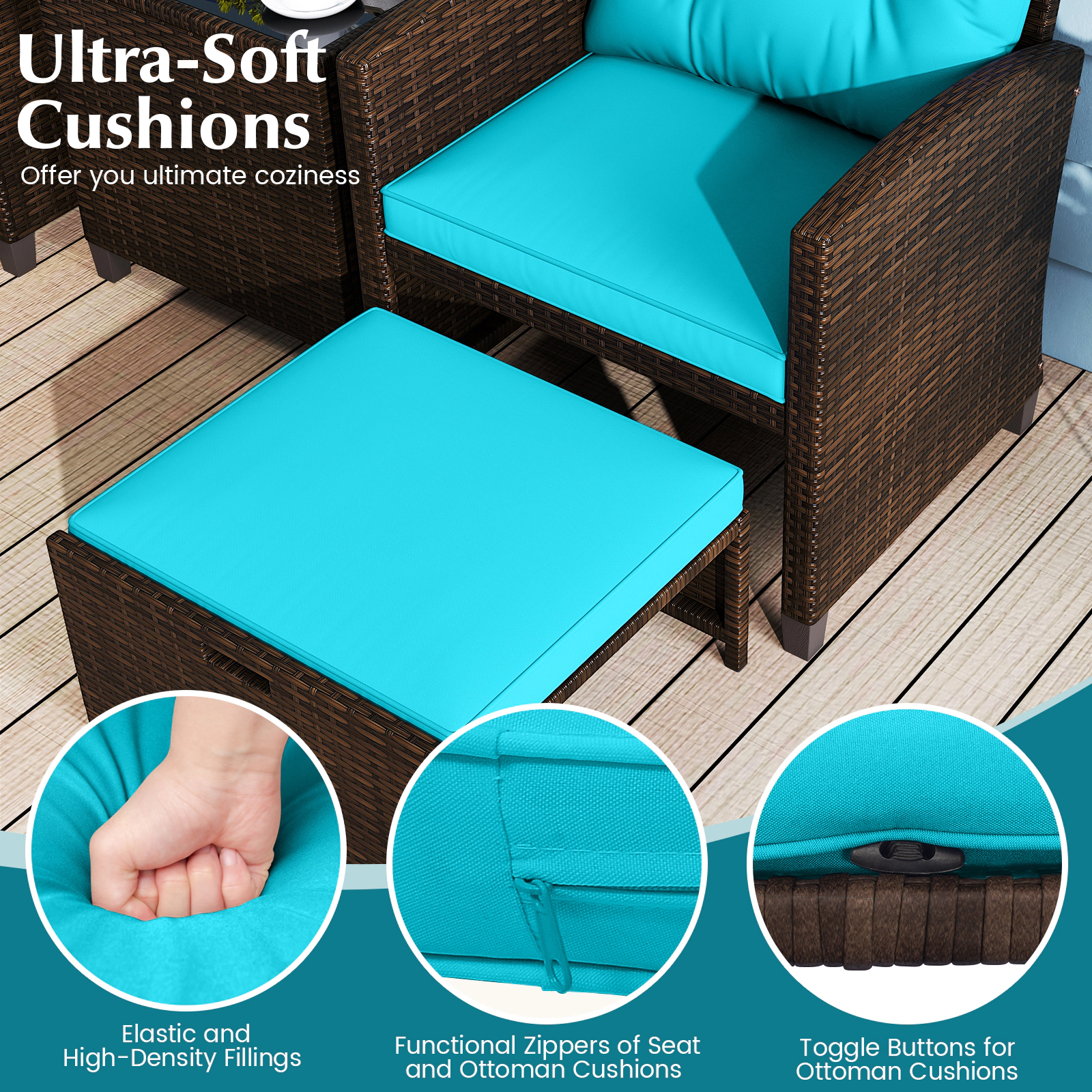 SUGIFT 5-Piece Turquoise Rattan Patio Conversation Set with 2 Chairs, 2 Ottomans and Glass Table