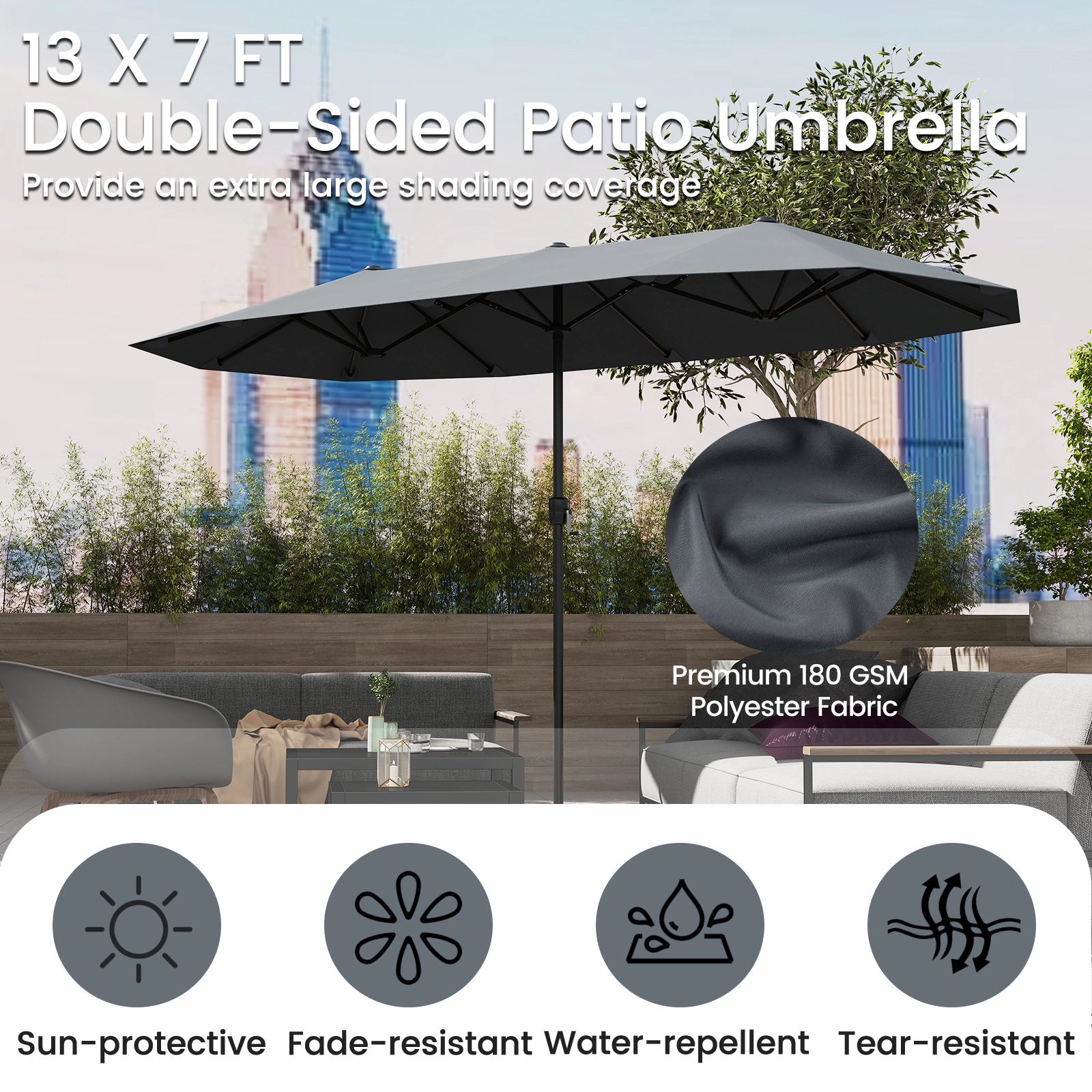 SUGIFT 13-ft Double-Sided Patio Market Umbrella with Crank Handle Gray