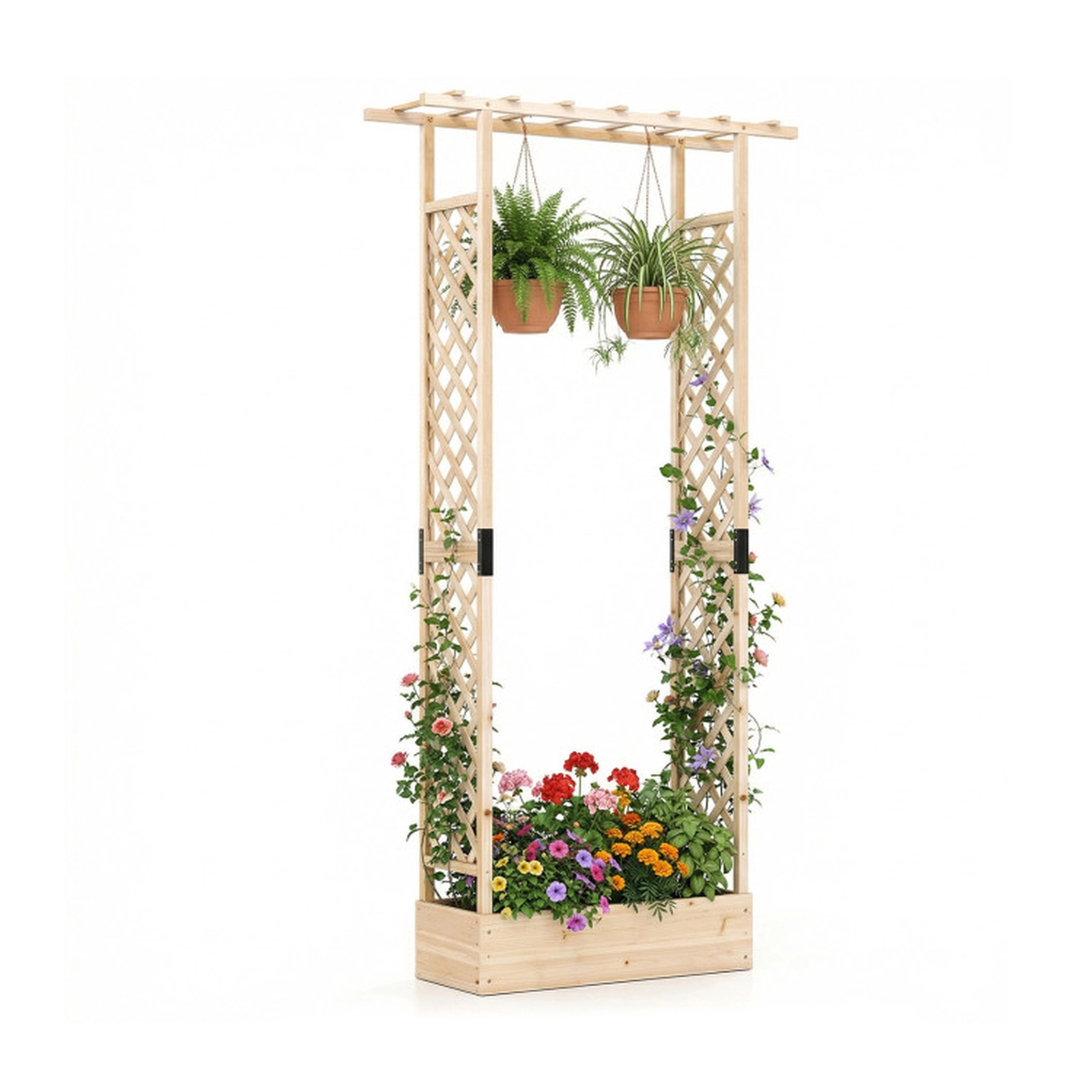 SUGIFT 89-in Tall Wooden Raised Garden Bed with Side Trellis and Hanging Roof 110-lb Capacity Natural/Orange