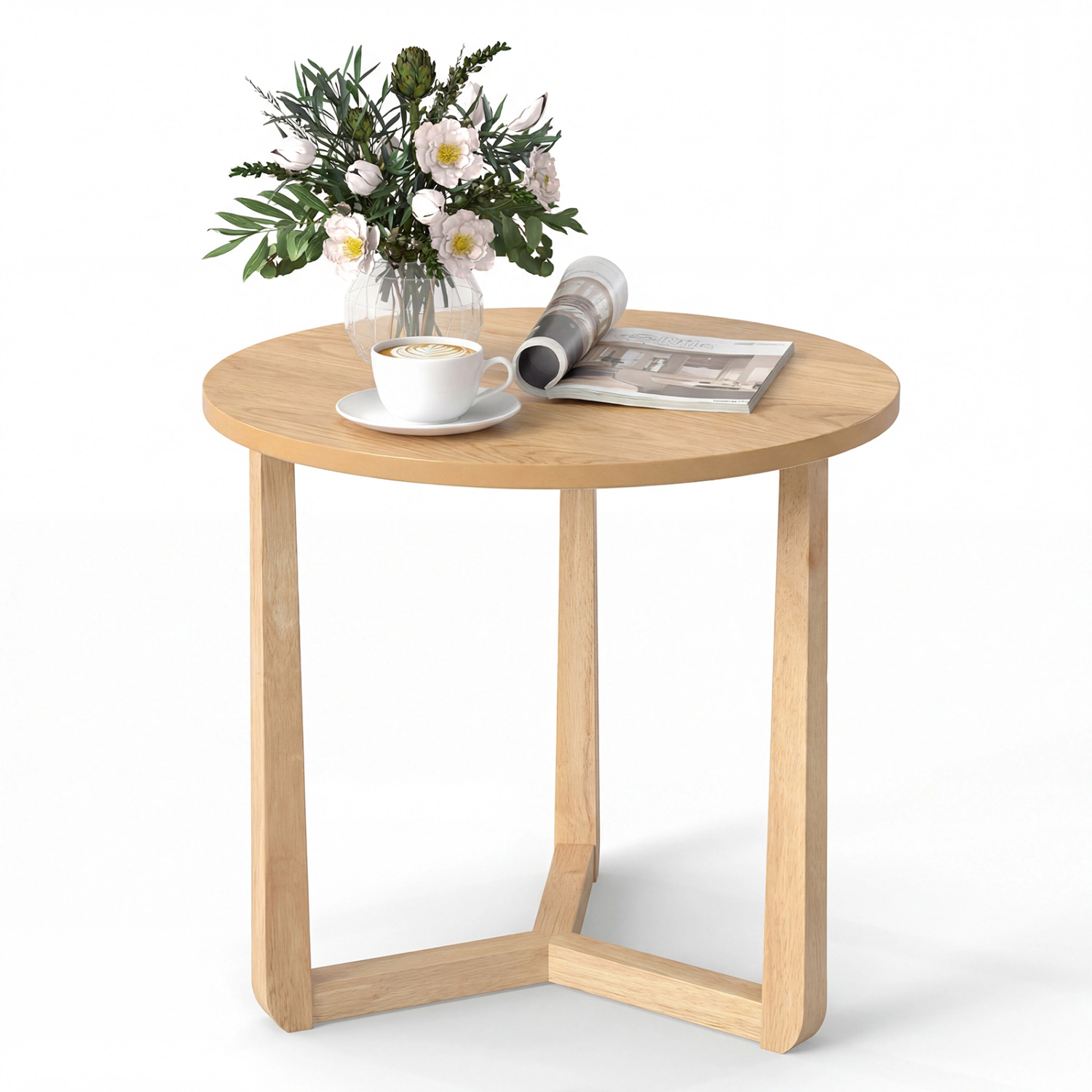 LJG 22.5 Inch Round Side Table Farmhouse End Table with Sturdy Rubber Wood Legs and Triangular Structure