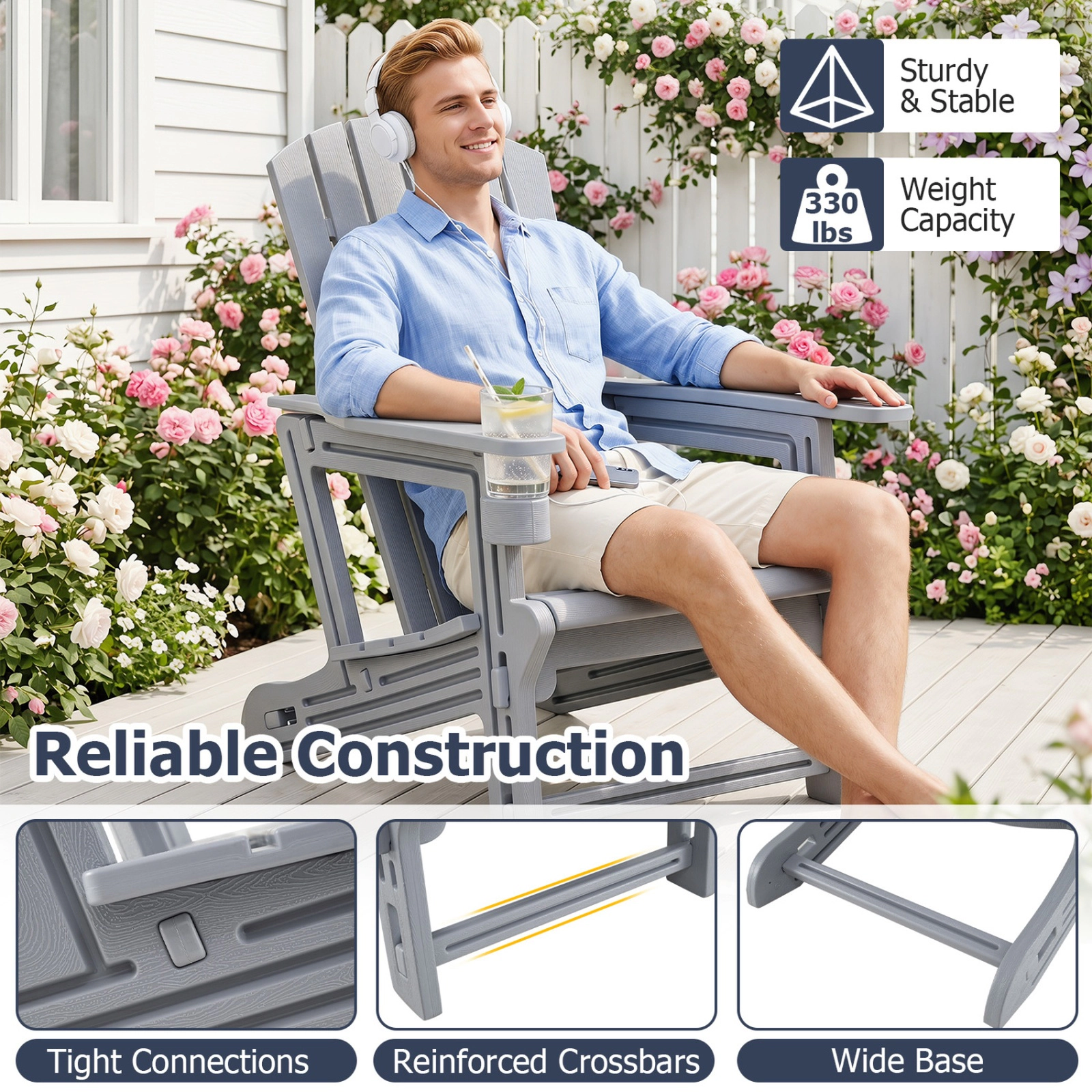 SUGIFT Set of 2 HDPE Adirondack Chairs with Cup Holder 330-lb Capacity 13-in Seat Height Blue Black Gray