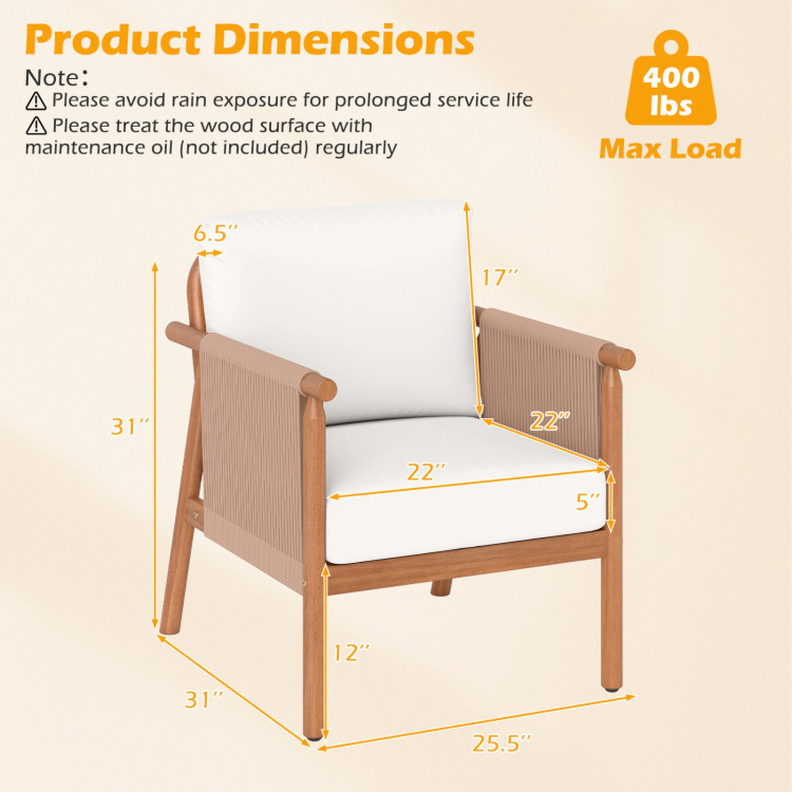 SUGIFT Set of 2 White Boho Acacia Wood Outdoor Lounge Chairs with Woven Rope Armrests