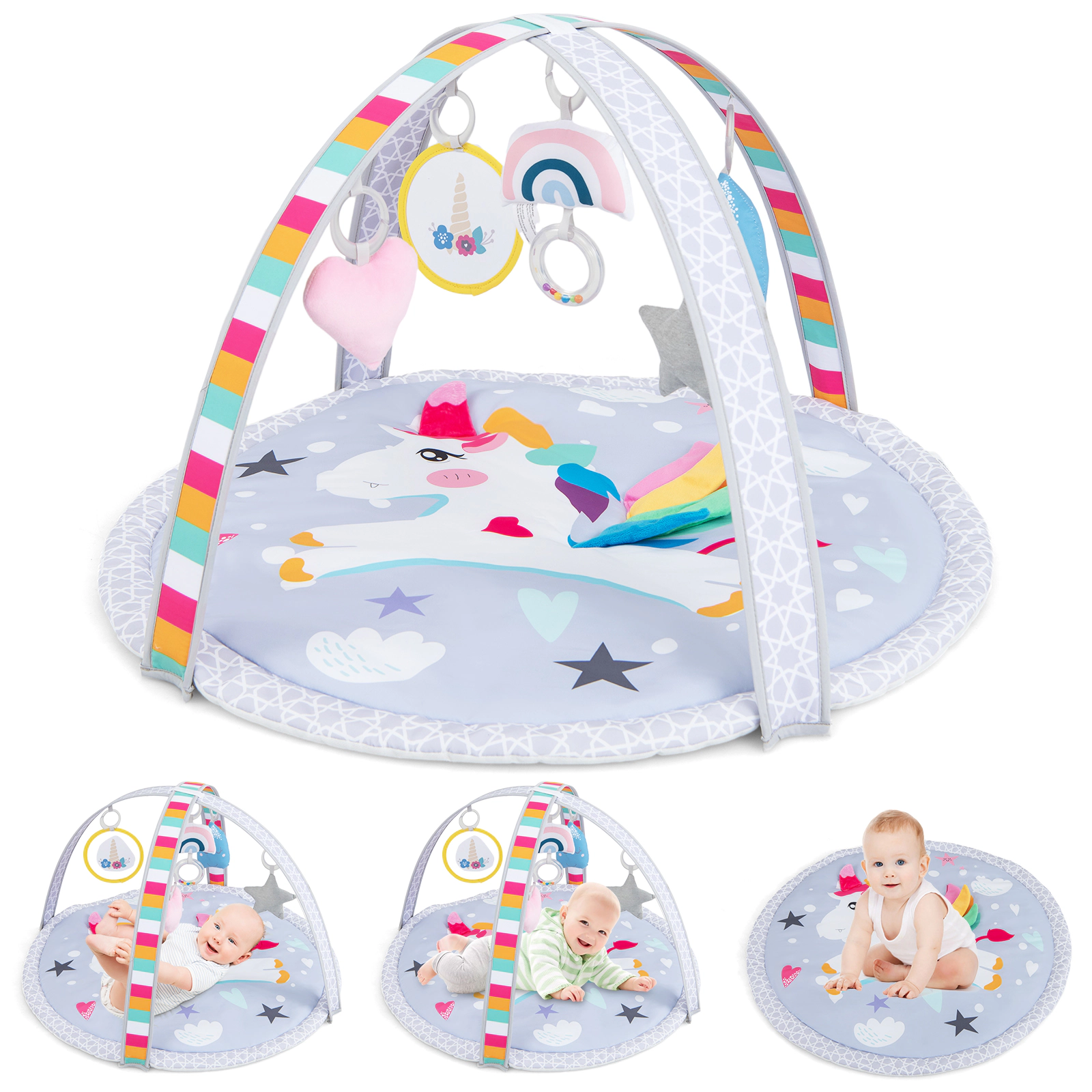 SUGIFT 7-in-1 Baby Play Gym Tummy Time Activity Mat with 5 Detachable Toys Ages 0-12 Months Multicolor