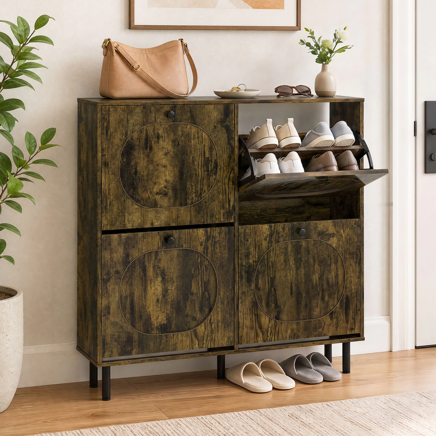 LJG Shoe Storage Cabinet with 4 Flip Drawers and Aluminum Legs