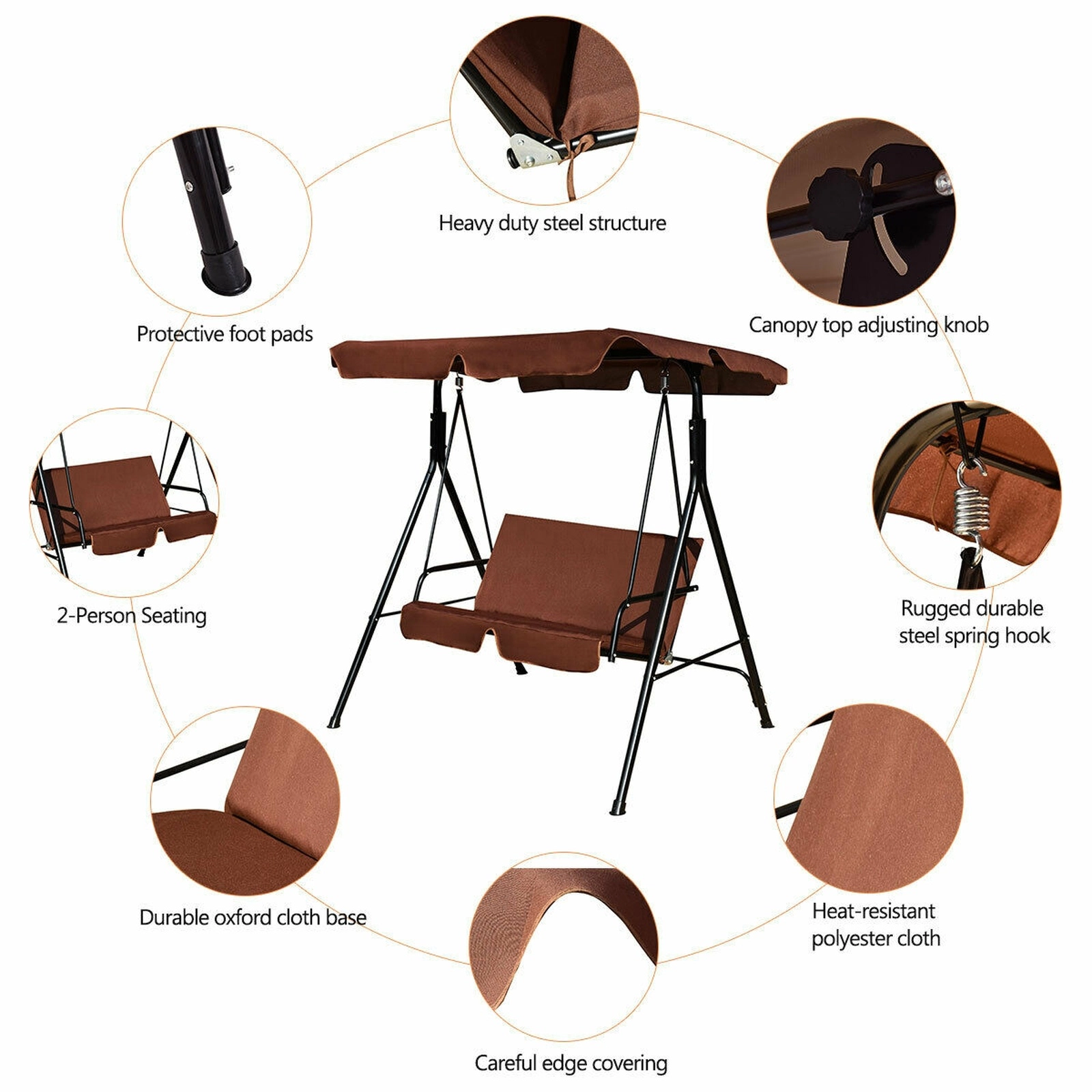 SUGIFT Brown 2-Seat Outdoor Patio Glider Swing with Cushions and Canopy