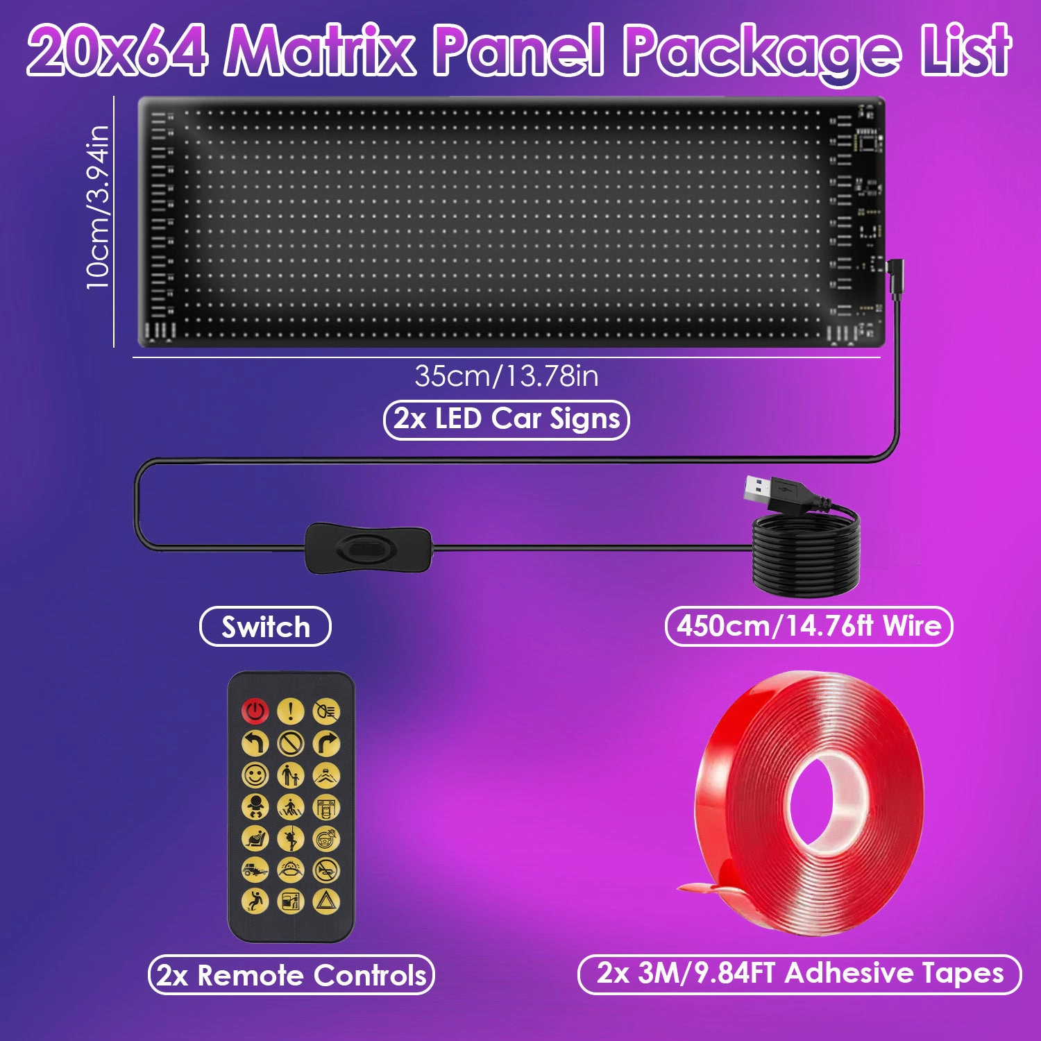GBruno 2-Pack Programmable LED Car Matrix Sign 35 CM