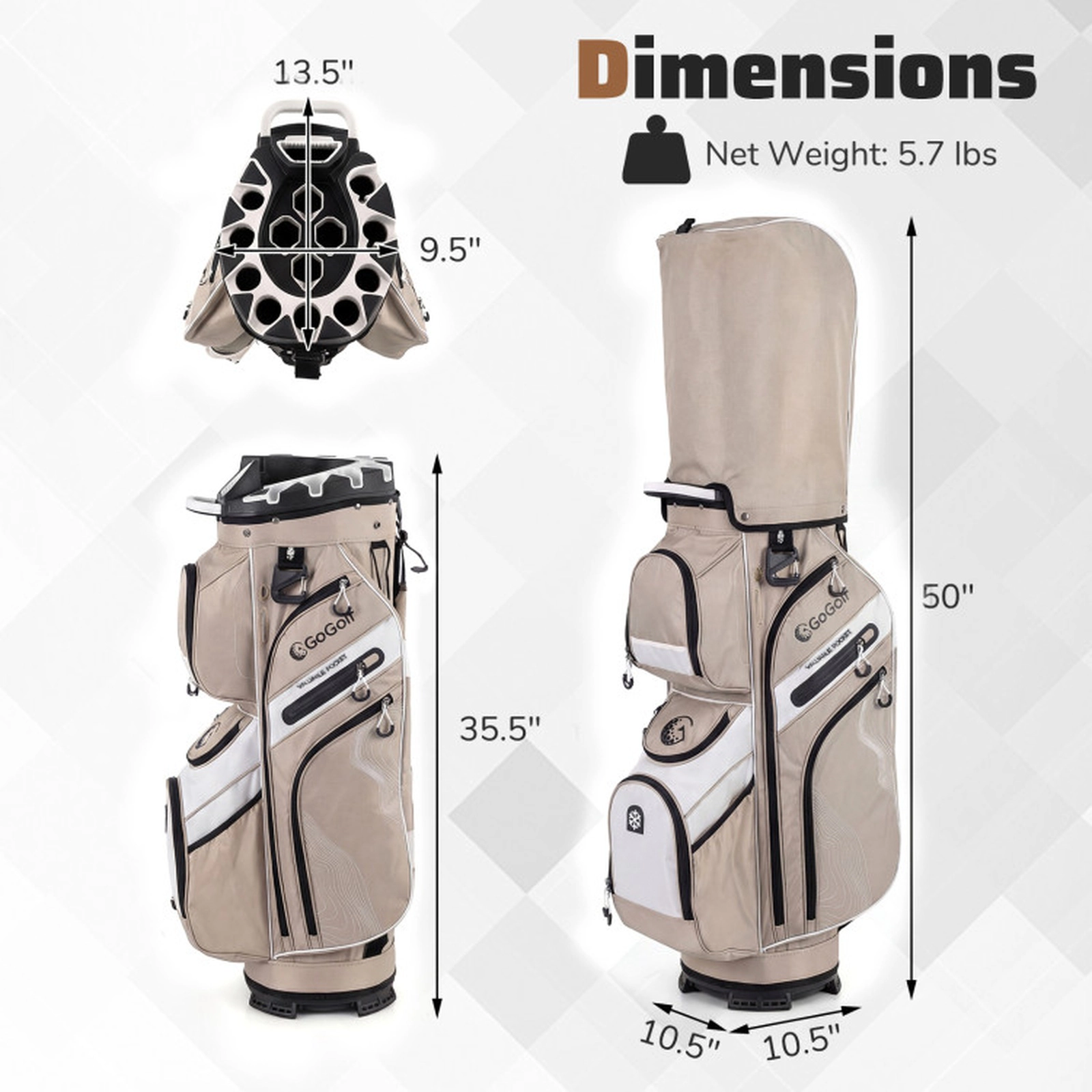 SUGIFT Khaki Golf Cart Bag with 14-Way Full Length Dividers and 11 Pockets 35.5-in H 13.5-in W 10.5-in D