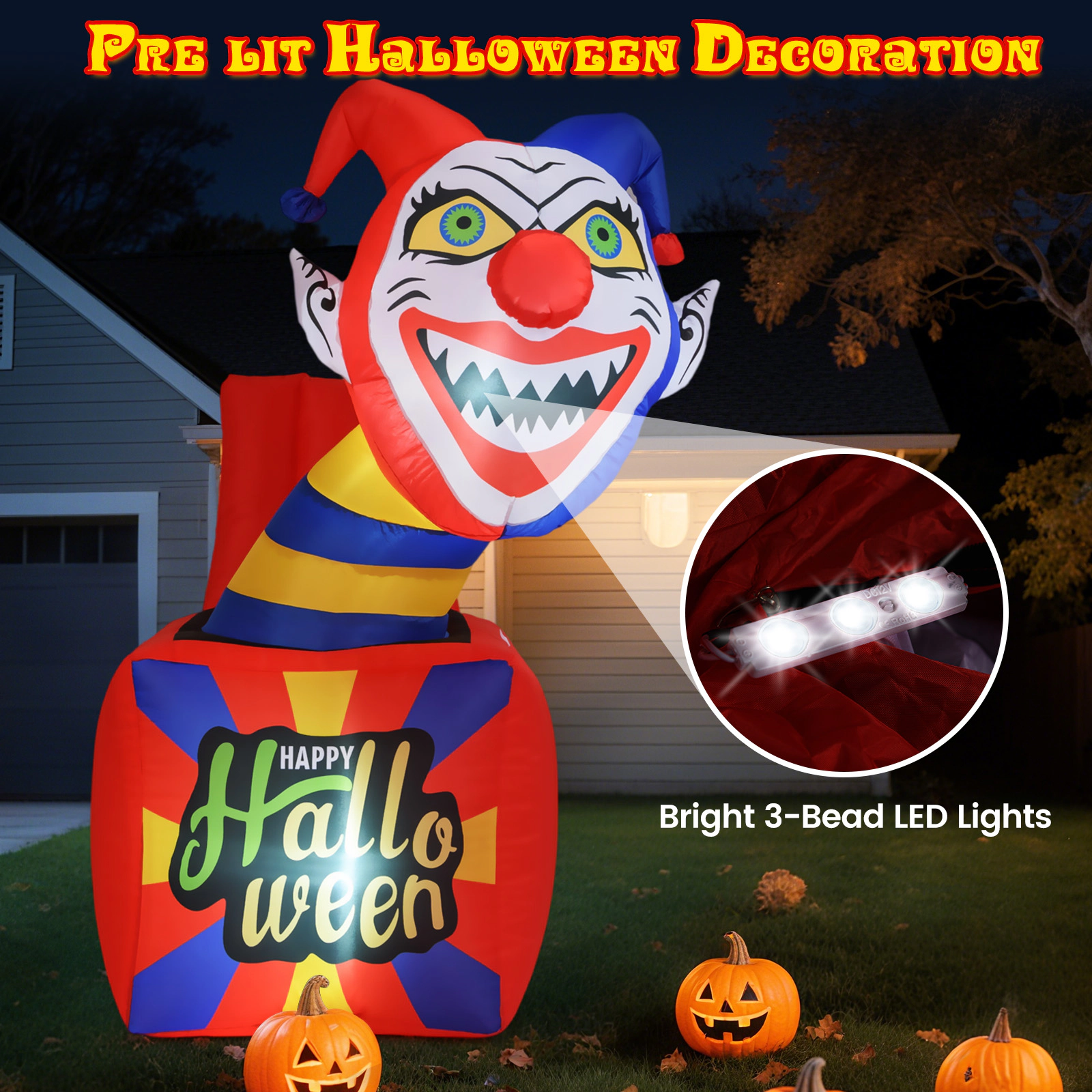Glintex Inflatable Halloween Clown Jack-in-a-Box with LED Lights and Stakes, Multicolor