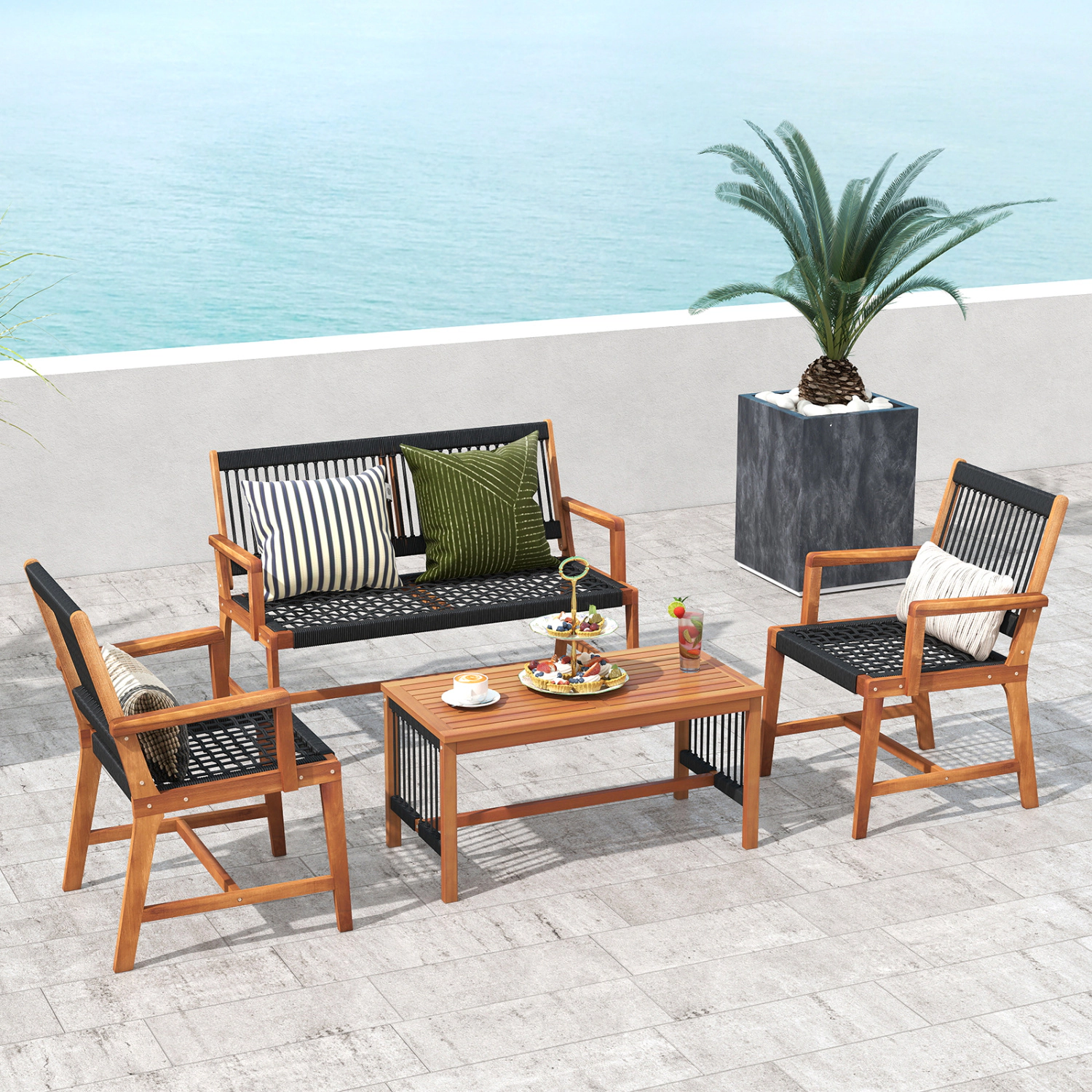 LJG 4 Pieces Acacia Wood Patio Conversation Table and Chair Set with Hand Woven Rope