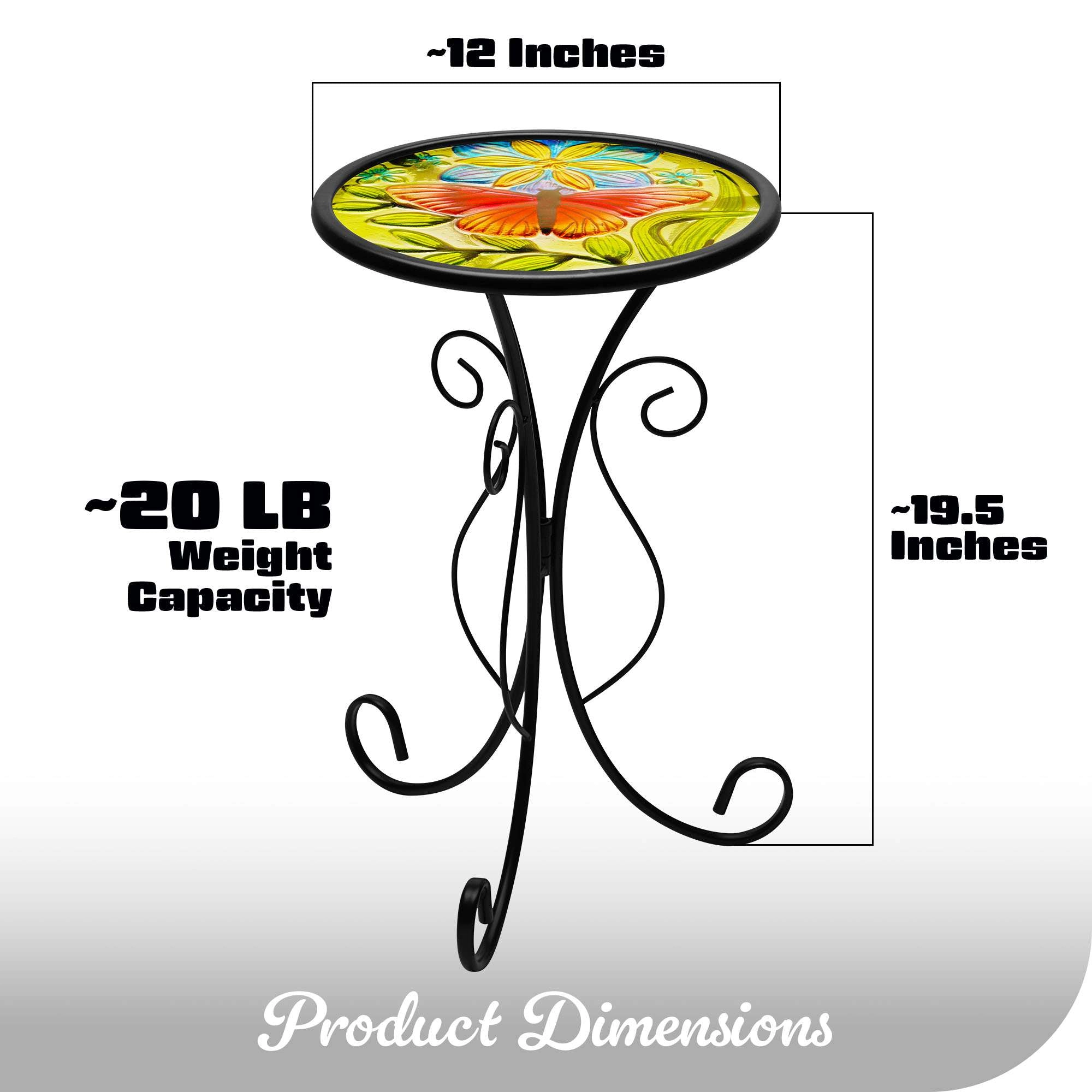 G128 12 in Round Glass Outdoor Side Table Butterfly Pattern, Foldable Metal Patio Table