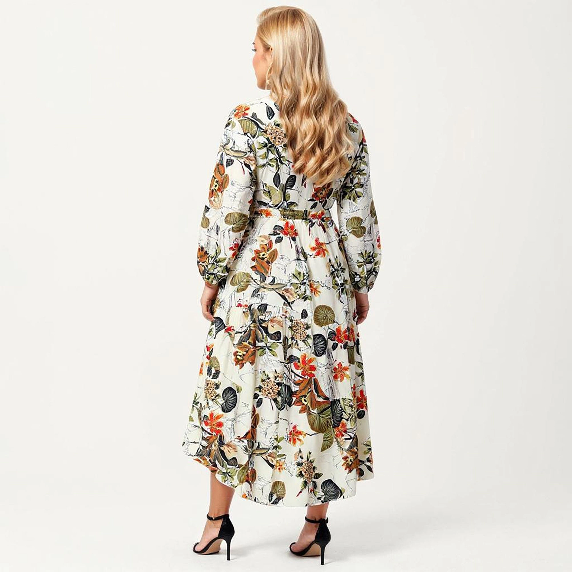Anna-Kaci Women's Plus Floral Print Long Sleeve V Neck Waist Tie Tiered Skirt Midi Dress