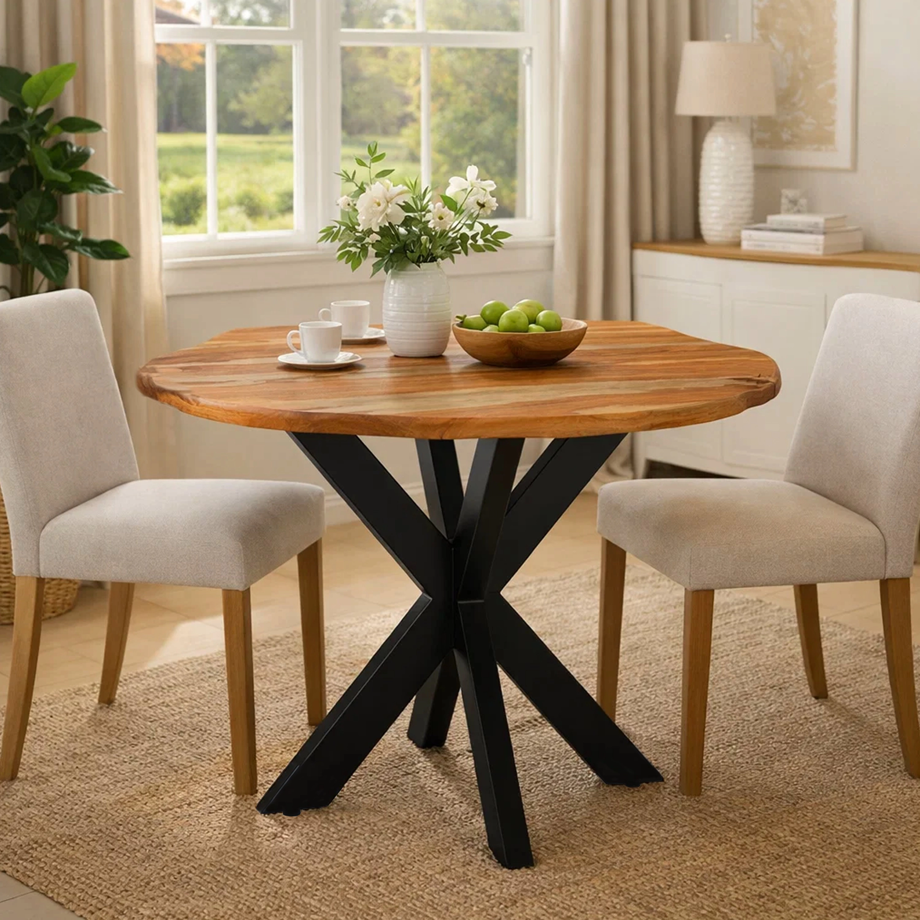 The Urban Port 41 Inch Handcrafted Live Edge Round Dining Table with a Natural Brown Acacia Wood Top and Black Iron Legs