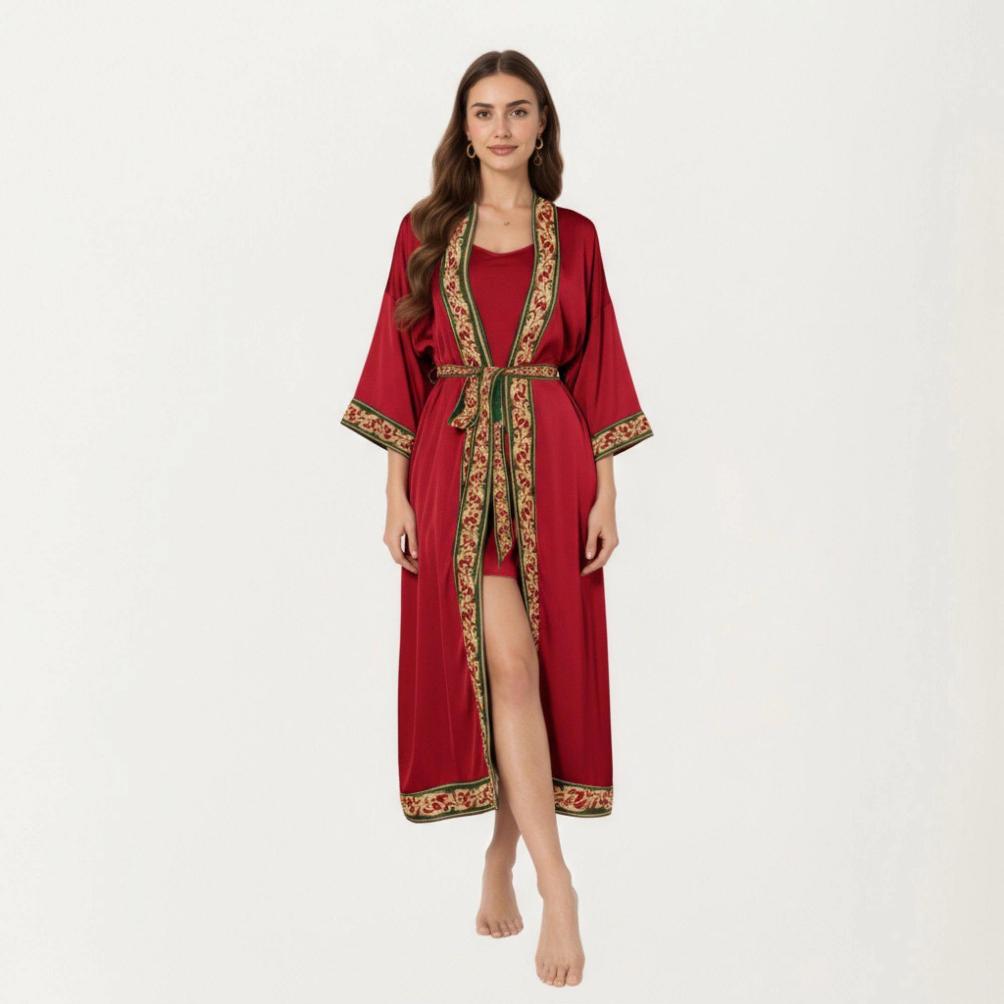 Anna-Kaci Women's Satin Long Robe with Embroidered Trim and Wide Sleeves