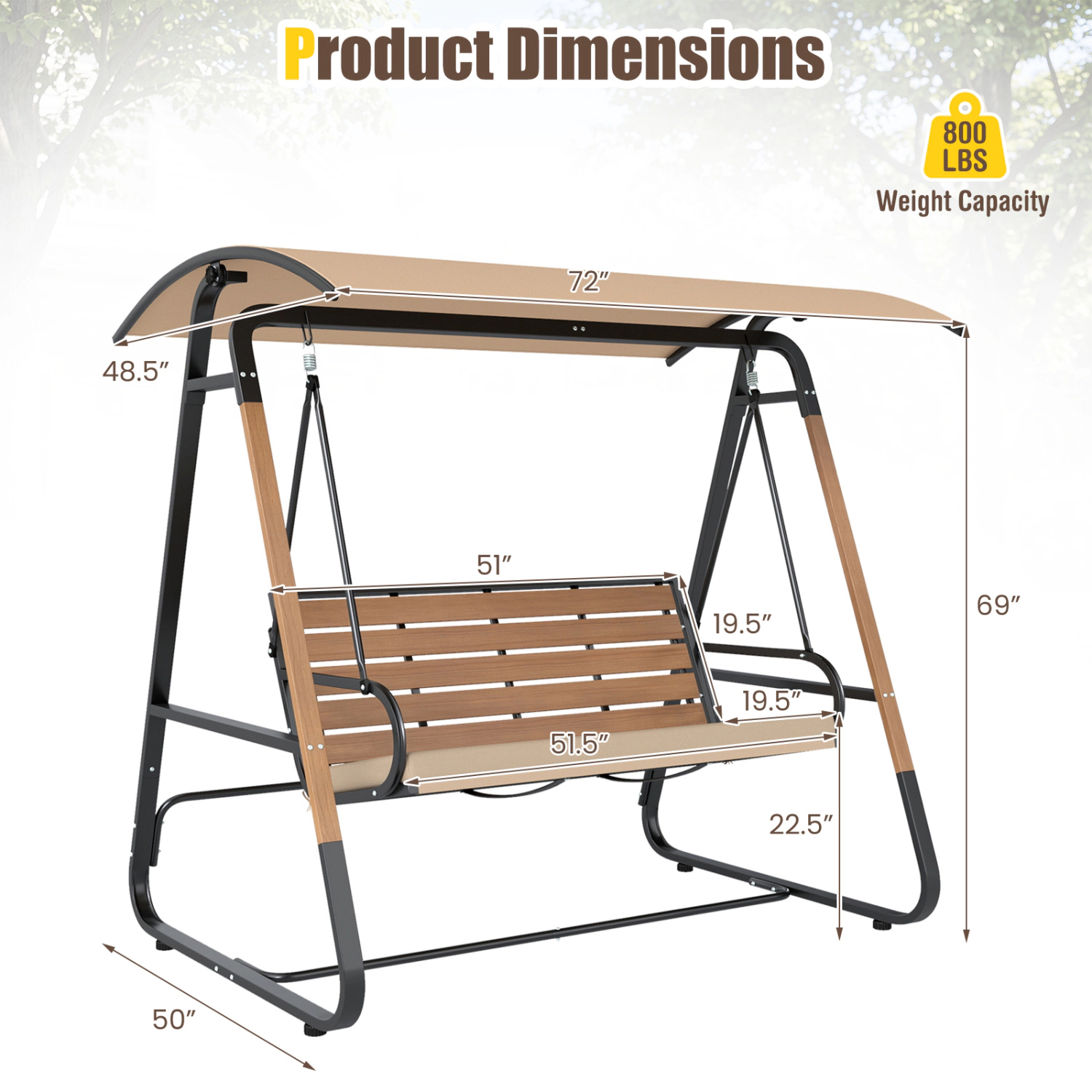 LJG 3-Person Porch Swing Outdoor with Adjustable Canopy