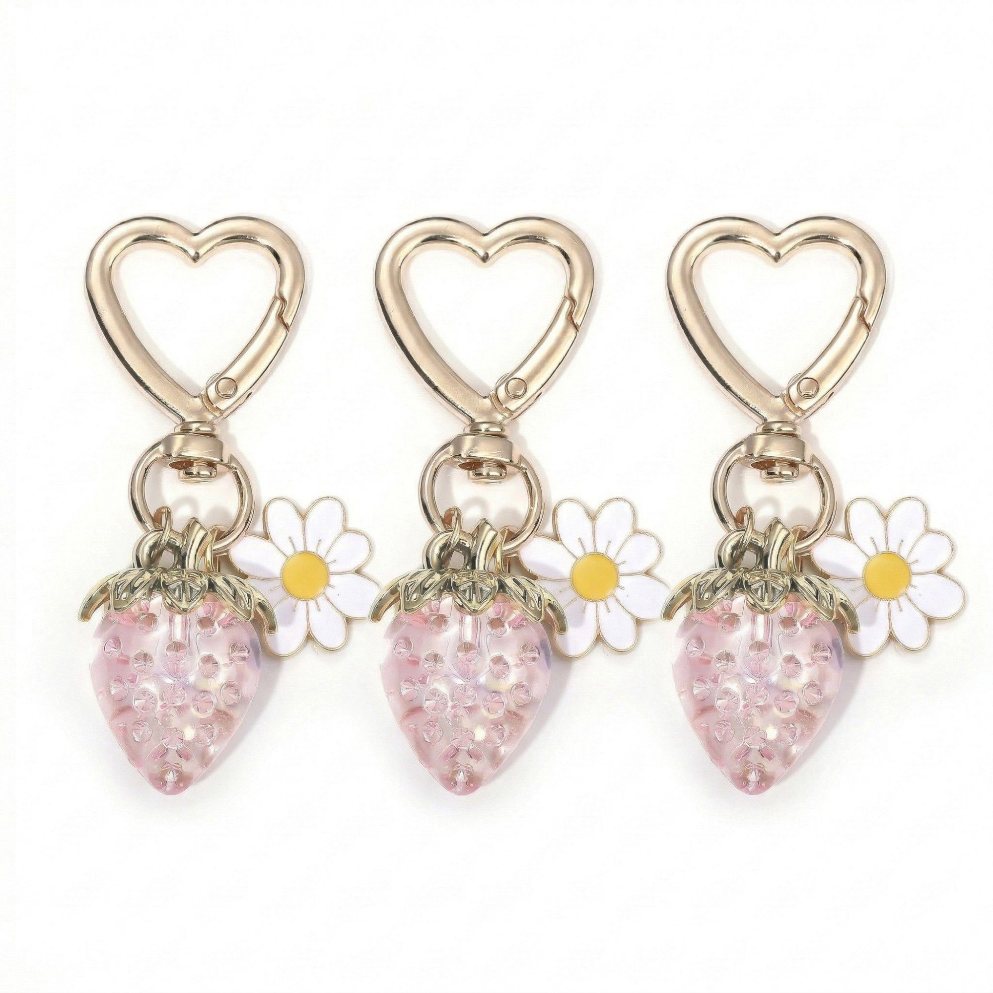 Alilang Women's 3 Pcs Strawberry Charm Keychain Set with Daisy Pendant and Heart Clip Decorative Bag Accessory
