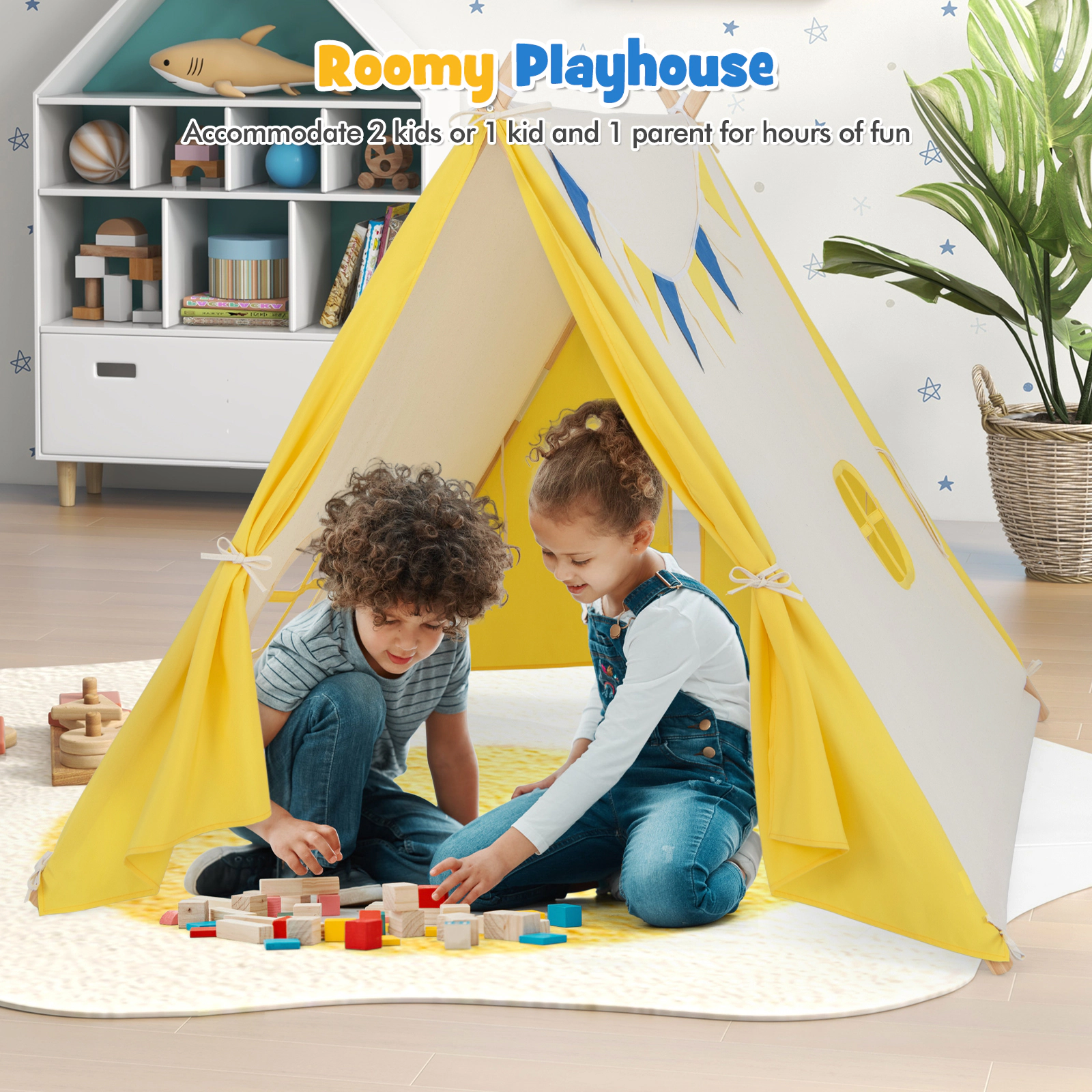 SUGIFT Kids Yellow and Beige Play Tent with Solid Pine Wood Frame 57-in W 54-in D 48-in H for 2 Children