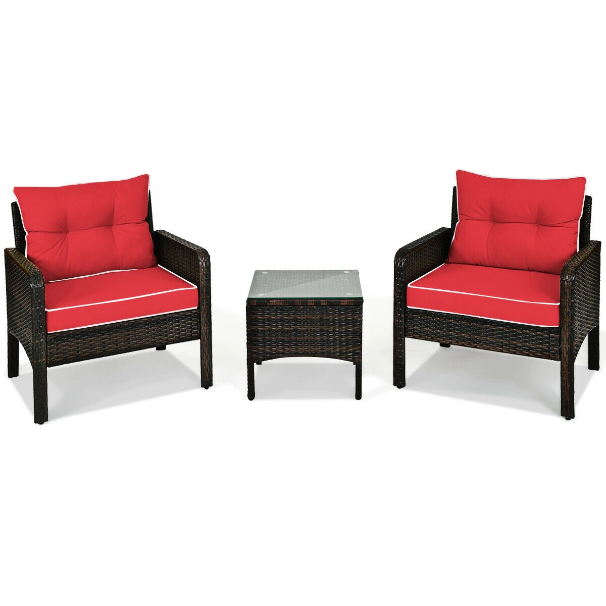 LJG 3 Pcs Outdoor Patio Rattan Conversation Set with Seat Cushions
