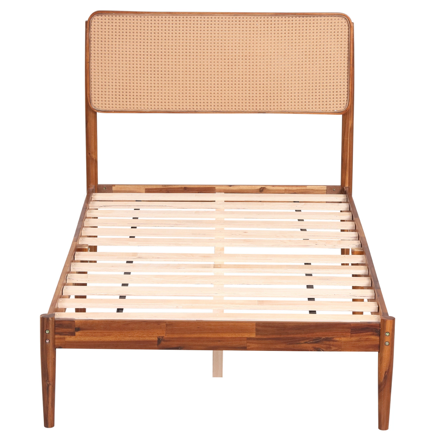 LJG Wooden Boho Rattan Brown Bed Frame with Wooden Slat Support