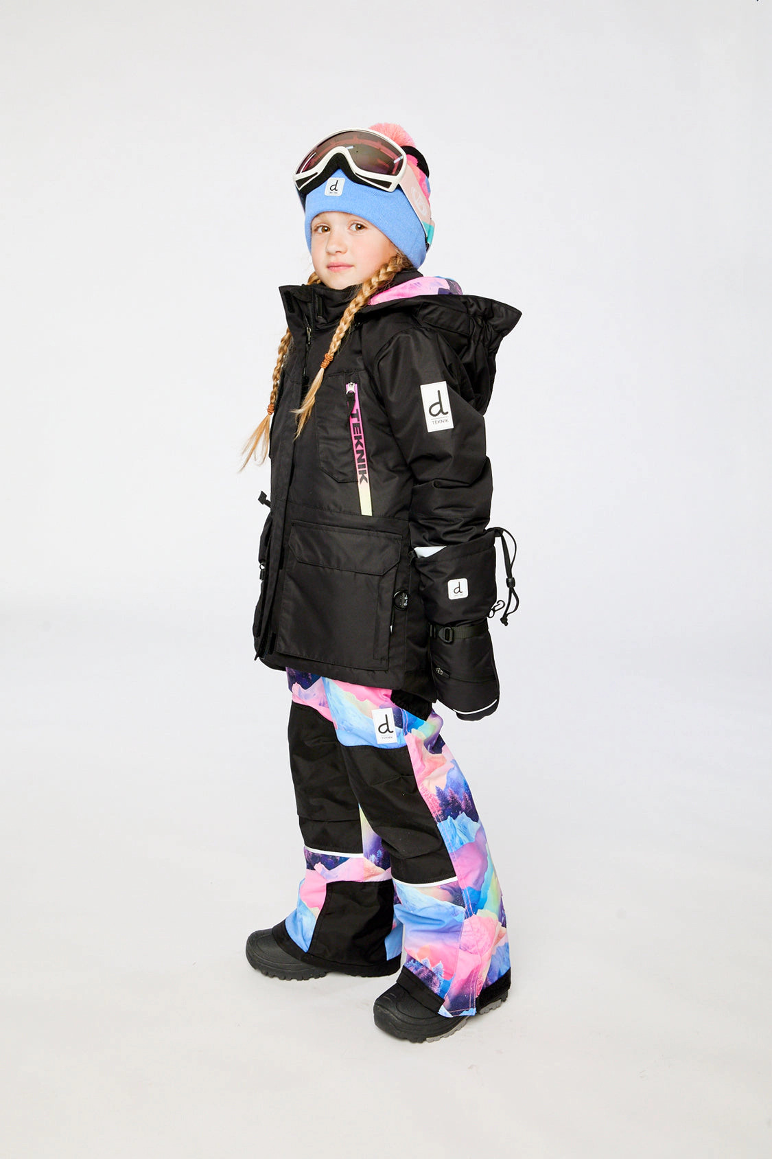 Deux par Girls Two Piece Teknik Mountain Print Snowsuit with Hooded Jacket and Snow Pants