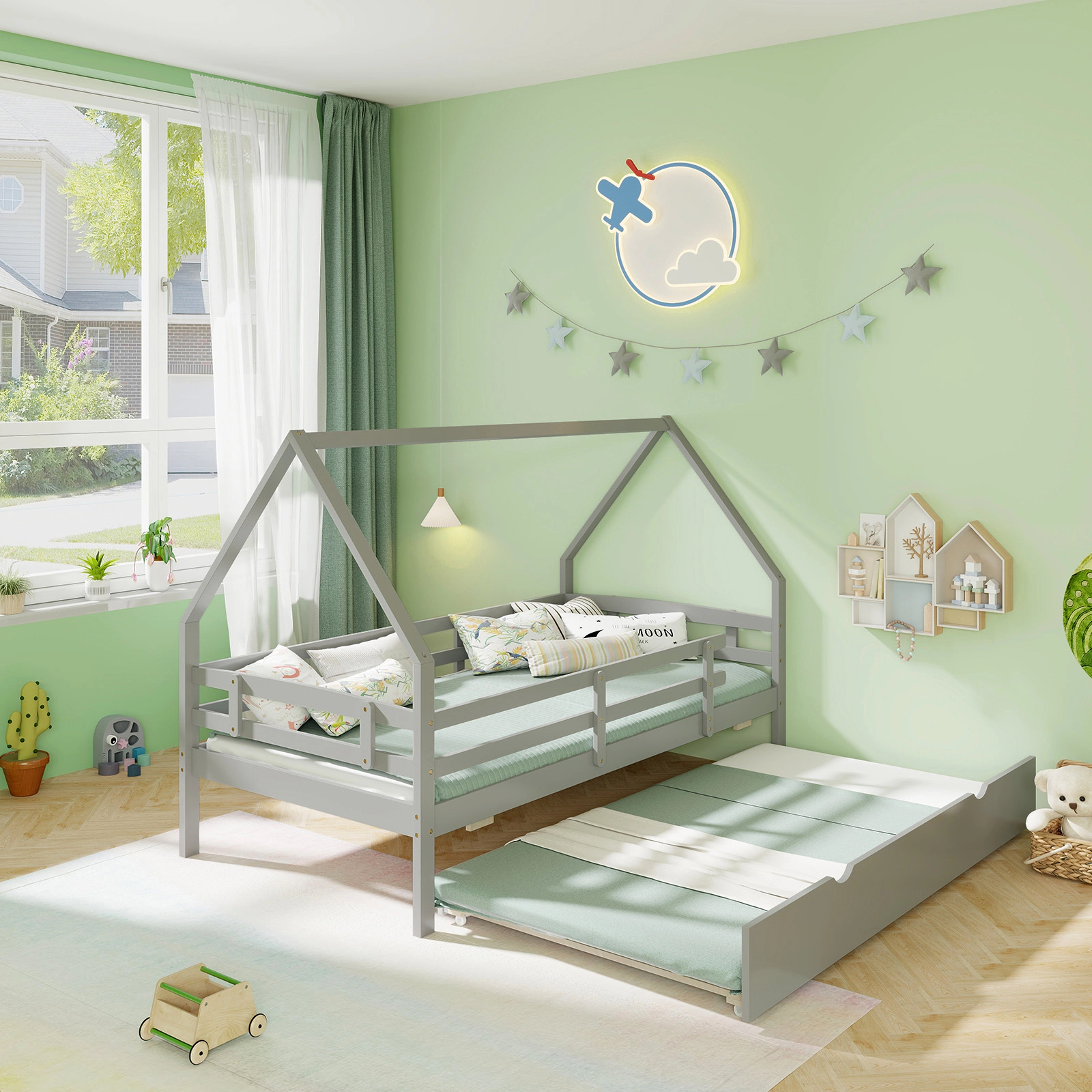 SUGIFT Twin House Bed with Pull-Out Trundle, Fence Rails, Gray Pine Wood, 330-Lb Capacity