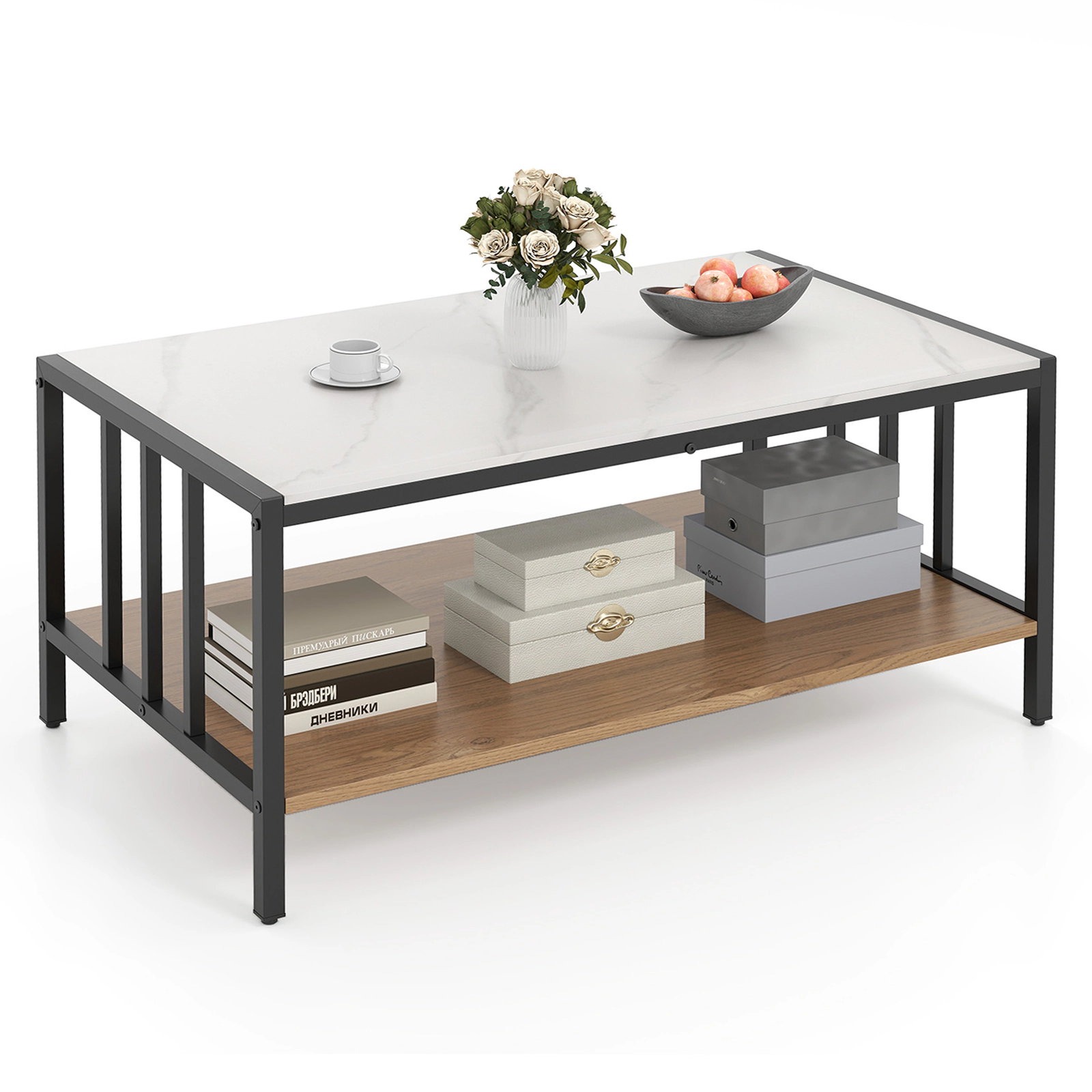 Glintex 2-Tier 33.5-Inch Coffee Table with Sintered Stone Top and Metal Frame, White Black & Natural
