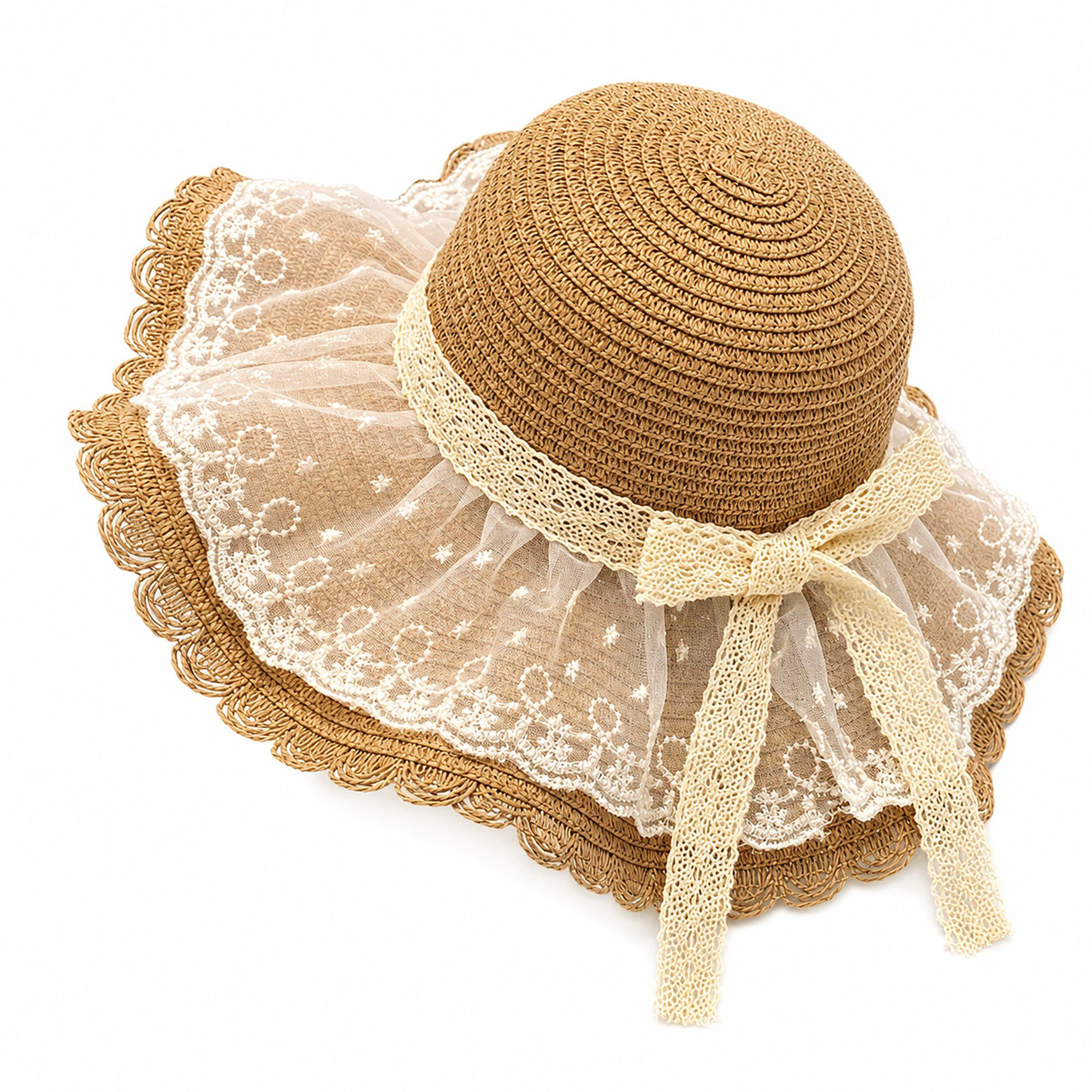 Anna-Kaci Women's Wide Brim Straw Sun Hat with Sheer Lace Overlay Bow Accent and Scalloped Edge