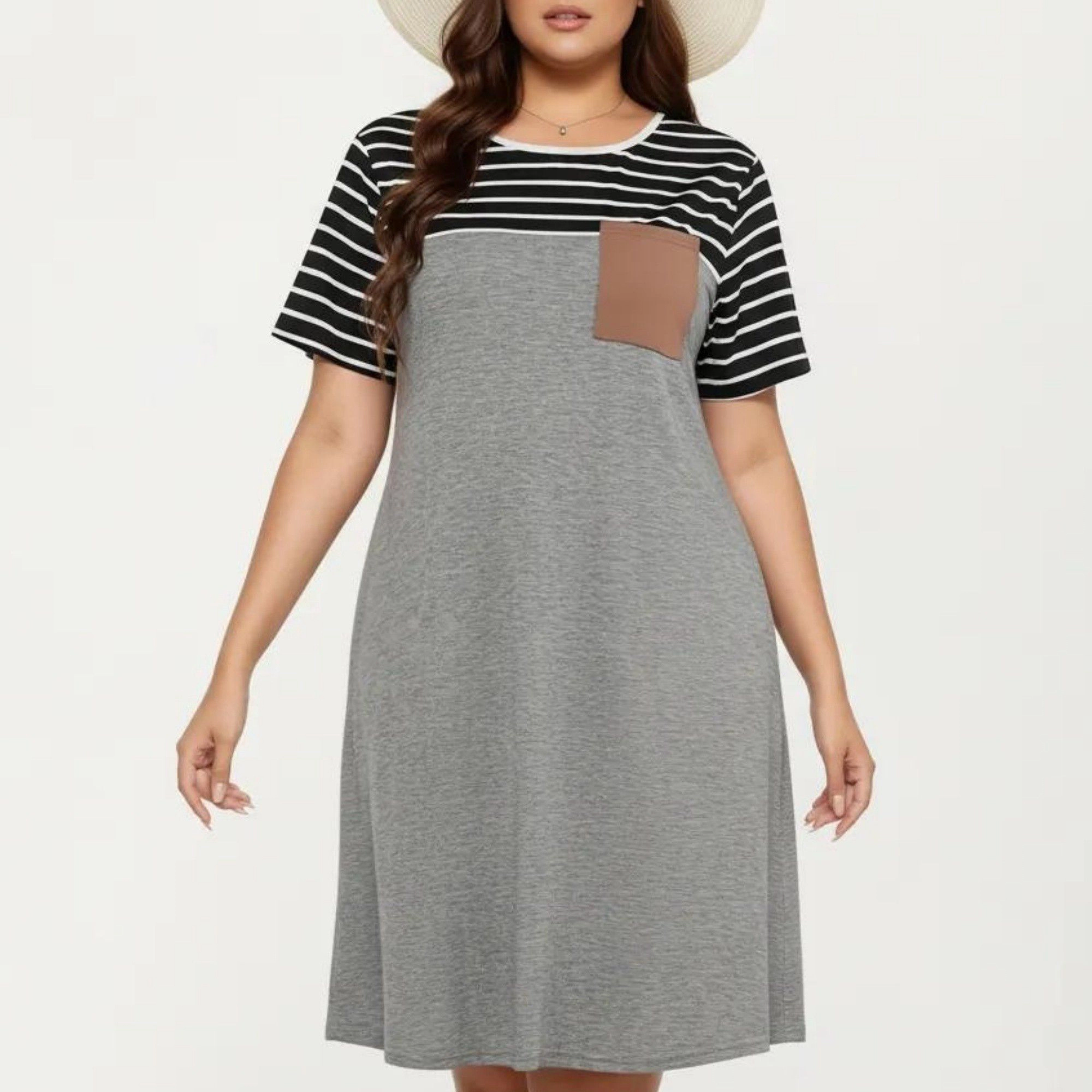 Anna-Kaci Women's Plus Short Sleeve Stripe Contrast Top Color Block T Shirt Dress