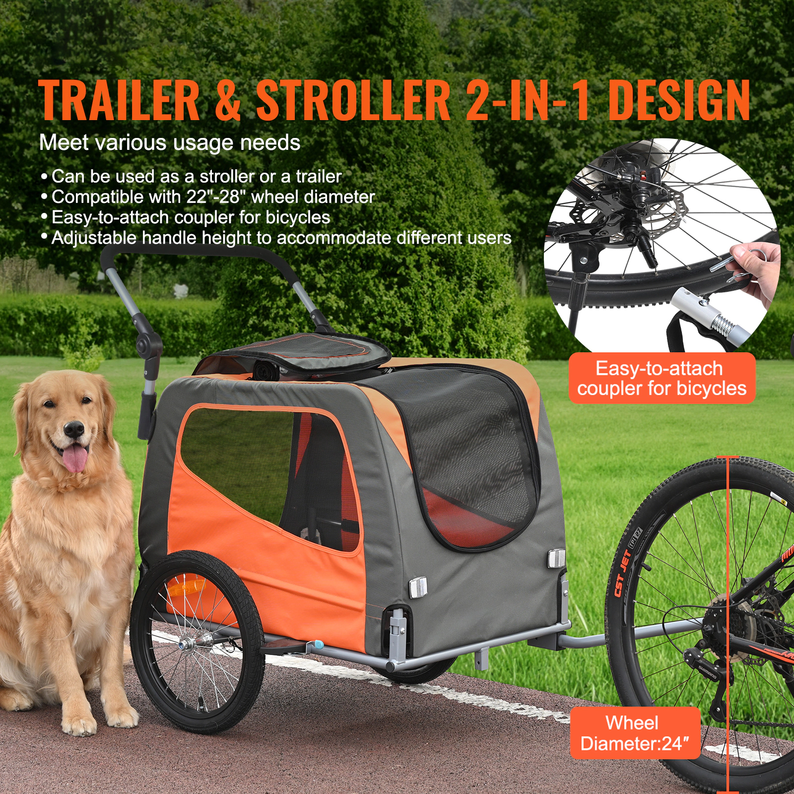 HONGGE 2-in-1 Dog Bike Trailer & Stroller, 66 lb Capacity, Adjustable Handle, Orange/Gray