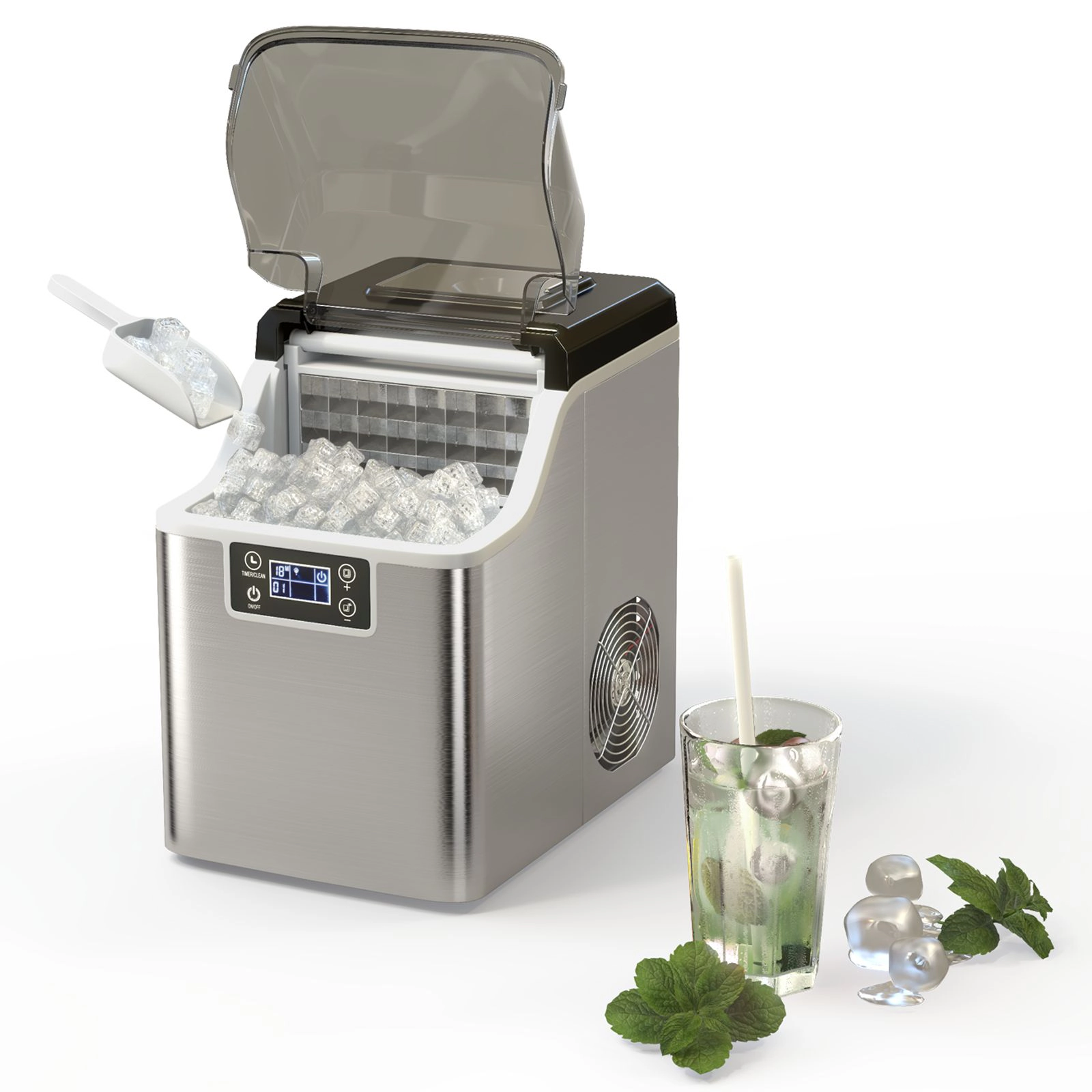 SlickBlue Silver Countertop Ice Machine, 40 Lbs Daily, 3.2L Reservoir, Square Ice, 24H Timer