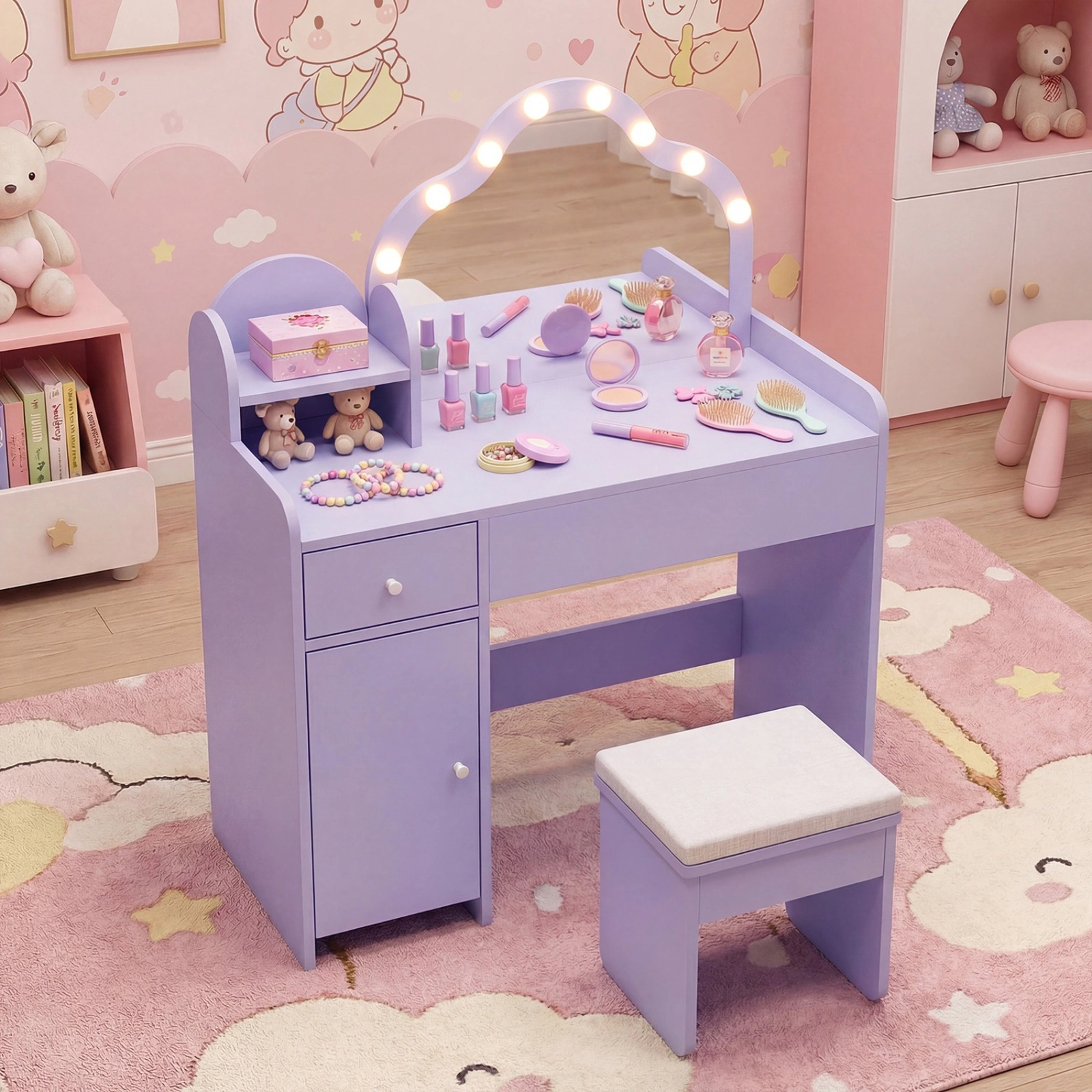 SUGIFT Kids Vanity Desk Lighted Acrylic Mirror & Storage 44-lb Tabletop Capacity Ages 3+ Pink/Purple/White 2-Piece Set