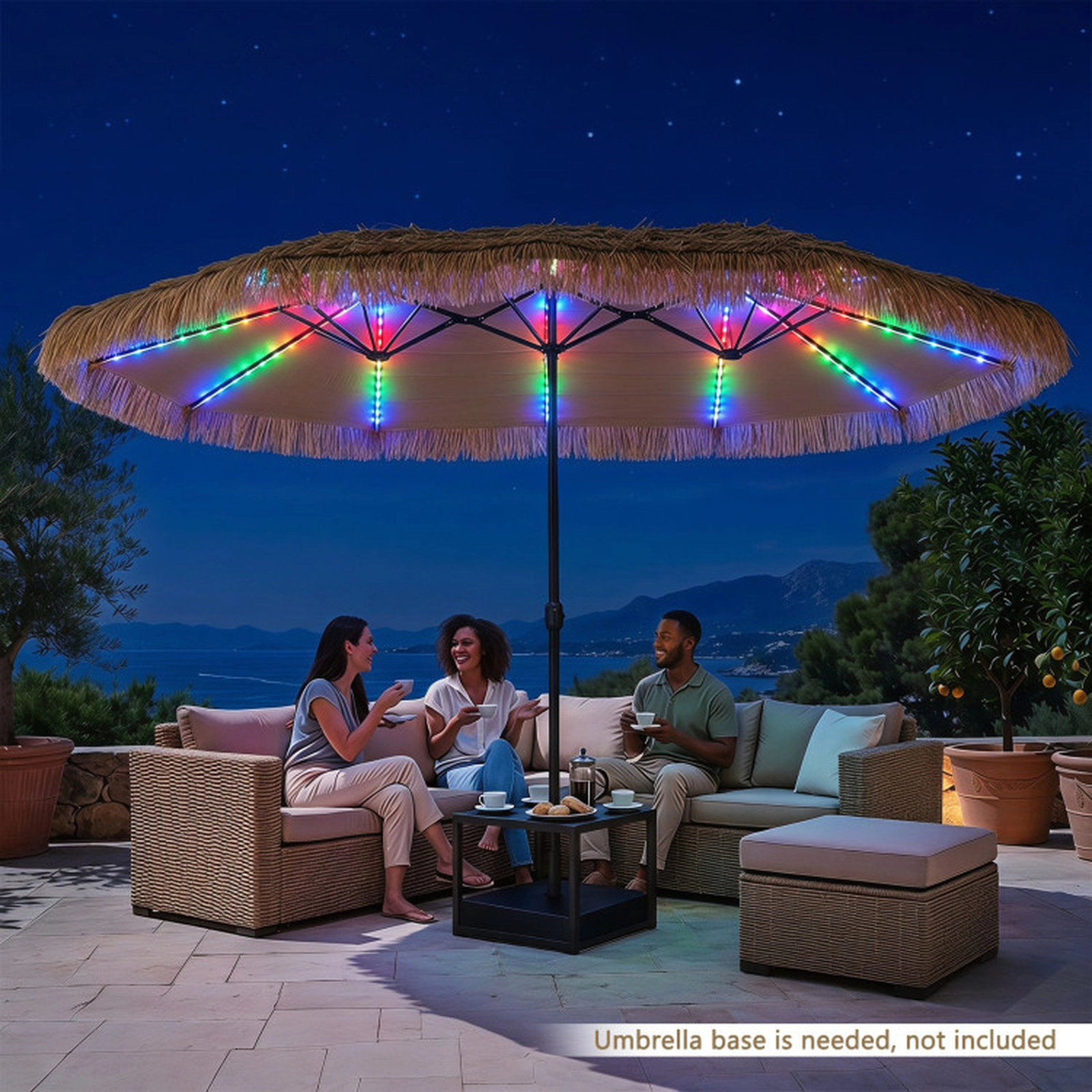 SUGIFT Brown 144 Color-Changing LED Lights 15 x 9 FT Solar Double-Sided Thatched Patio Umbrella