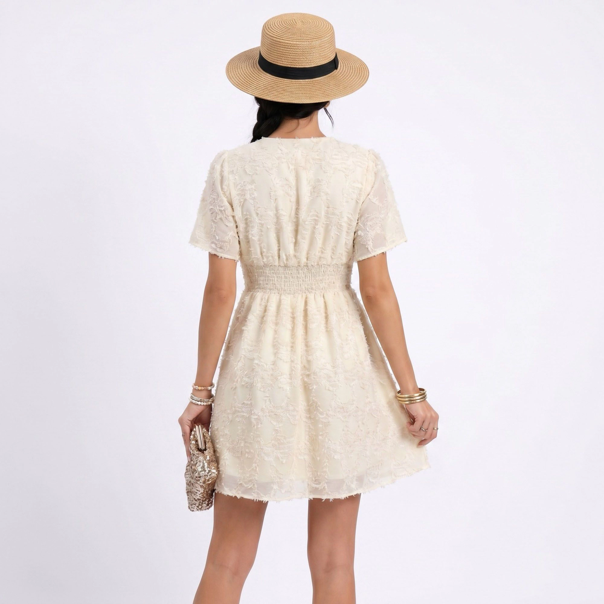 Anna-Kaci Women's Textured V-Neck Smocked Waist Mini Dress