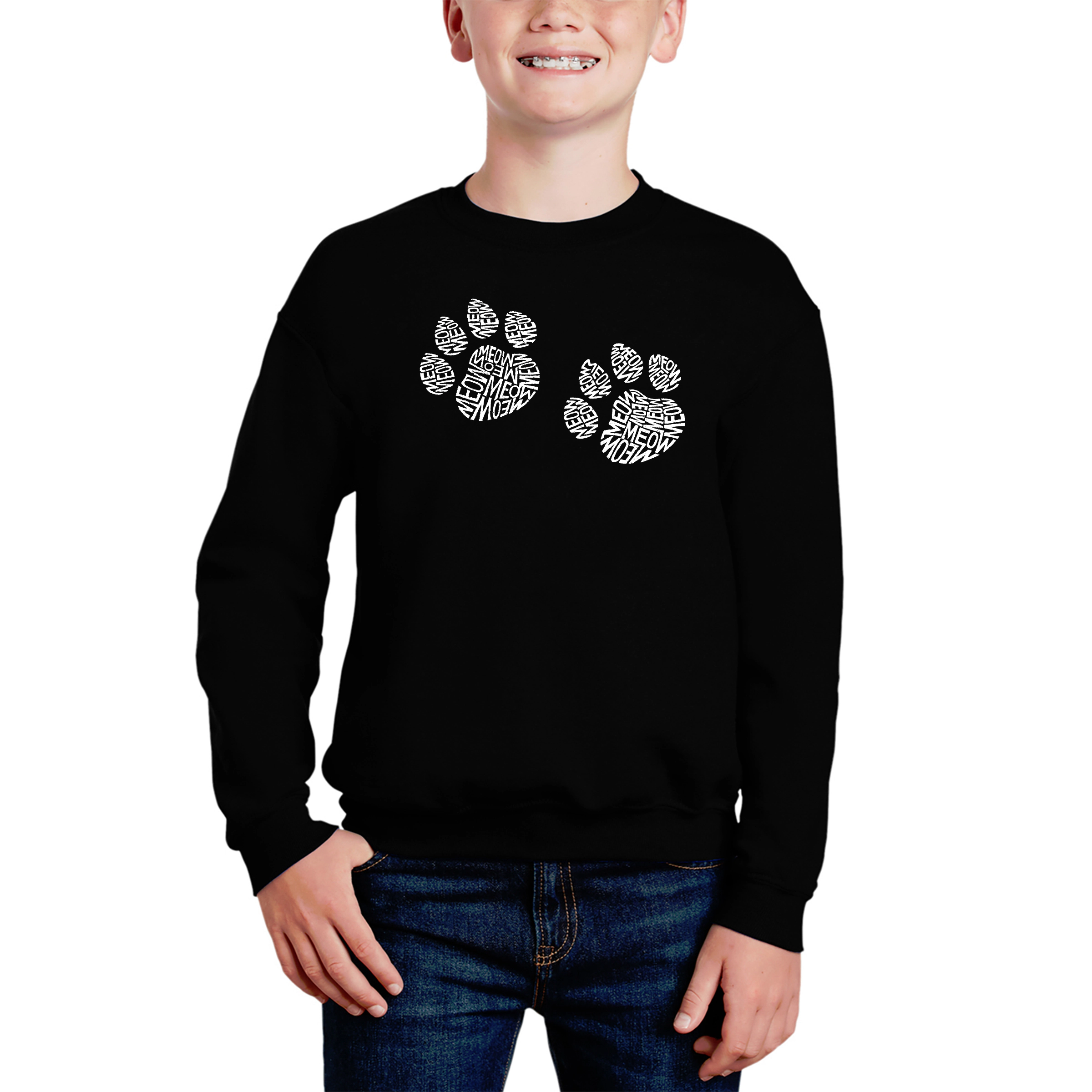 LA Pop Art Boy's Word Sweatshirt - Meow Cat Prints
