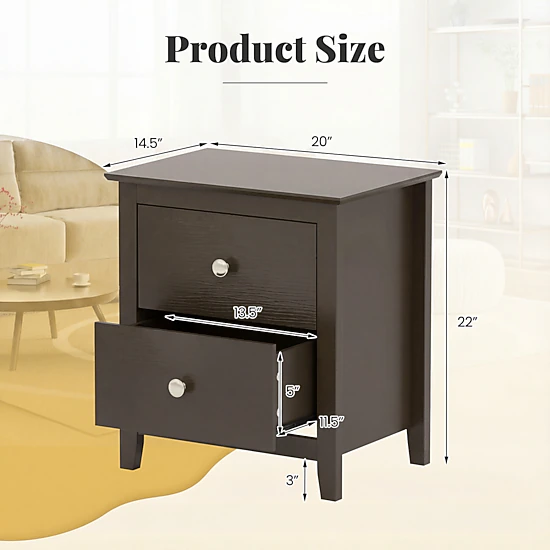 Glintex 2-Piece Modern Nightstand Set with 2 Drawers and Round Metal Knobs, Black