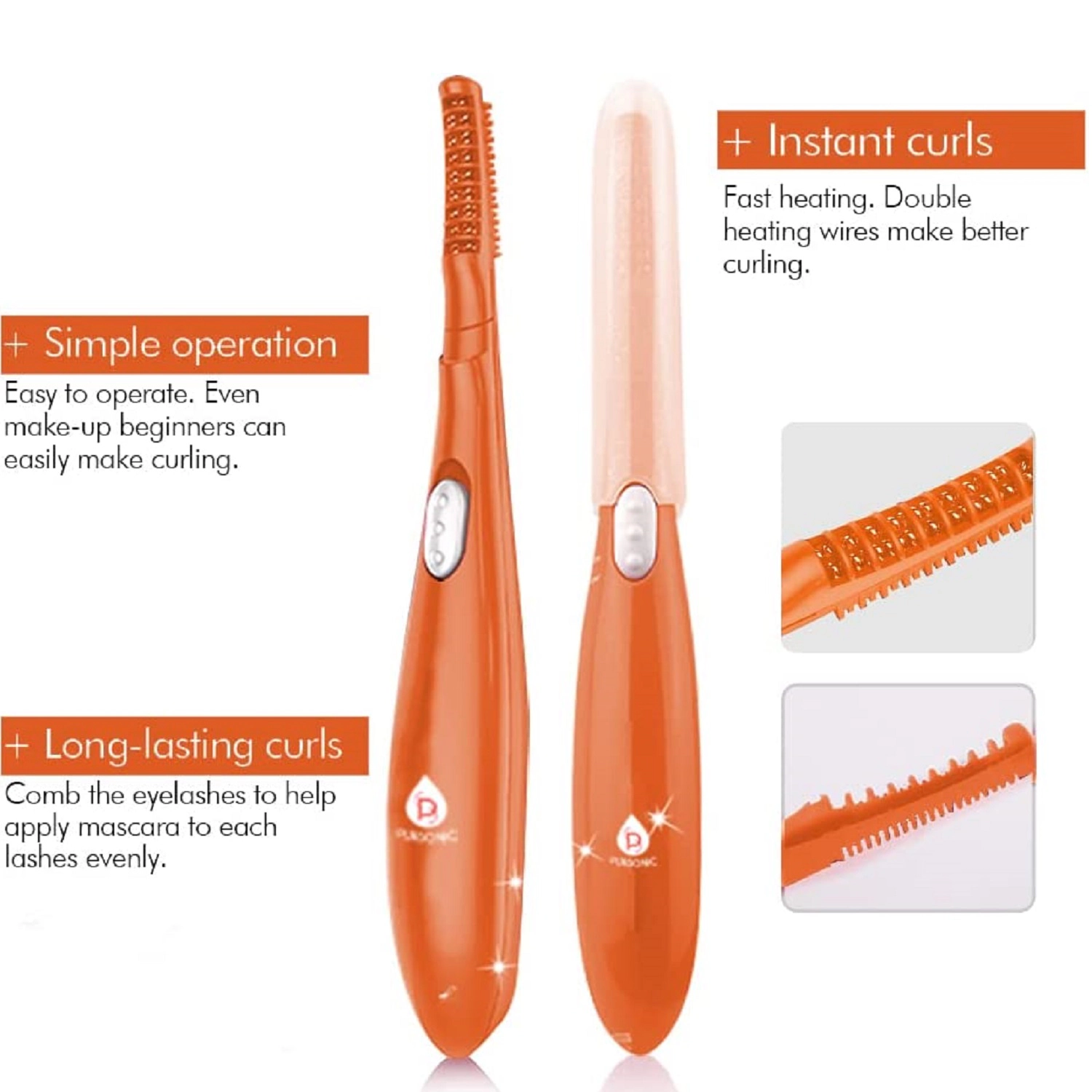 Pursonic Women's Heated Eyelash Curler with Built-In Comb for Long-Lasting Lash Curling & Styling