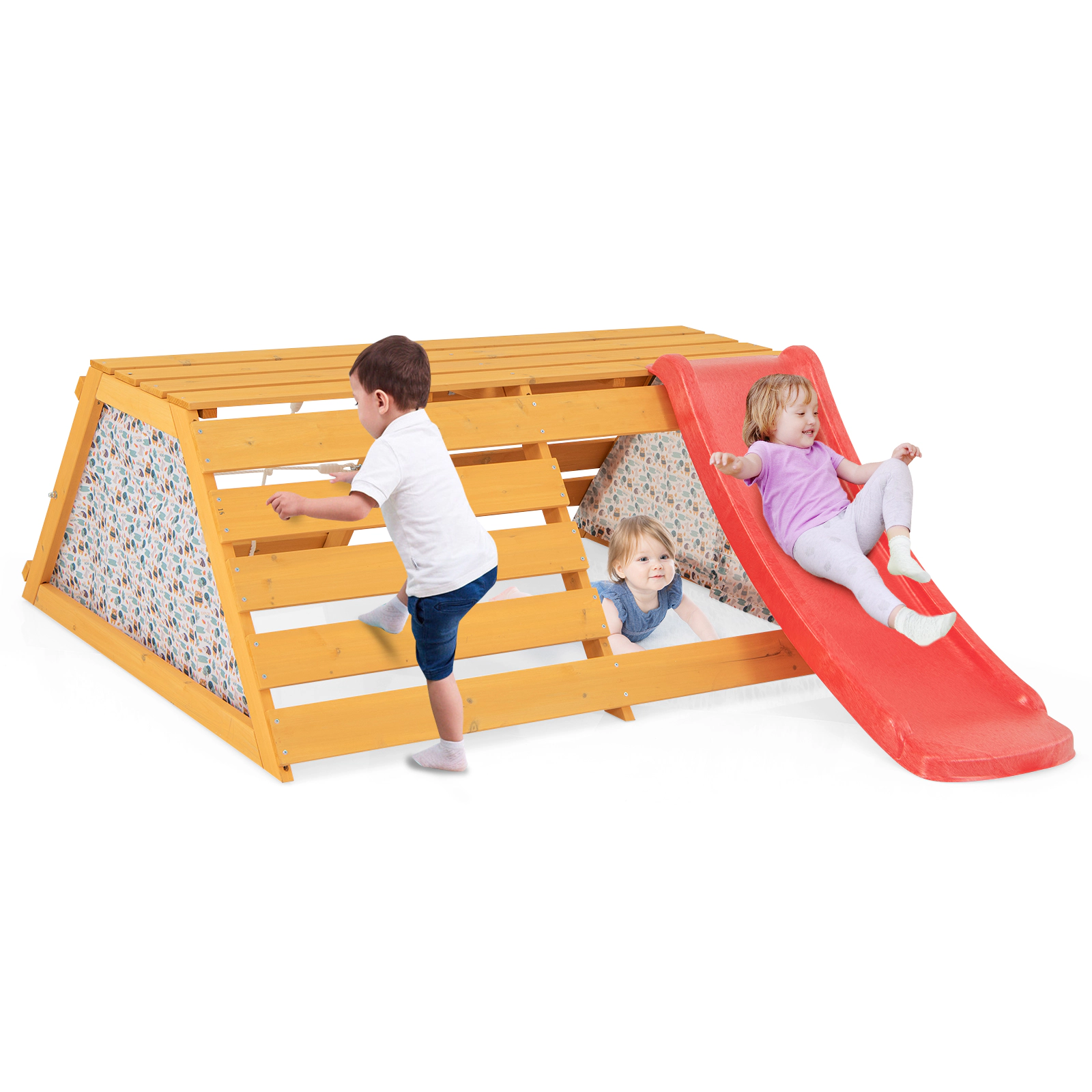 SUGIFT Natural Slide Rock Climbing Wall and Rope Climber 5-in-1 Kids Wooden Indoor Jungle Gym
