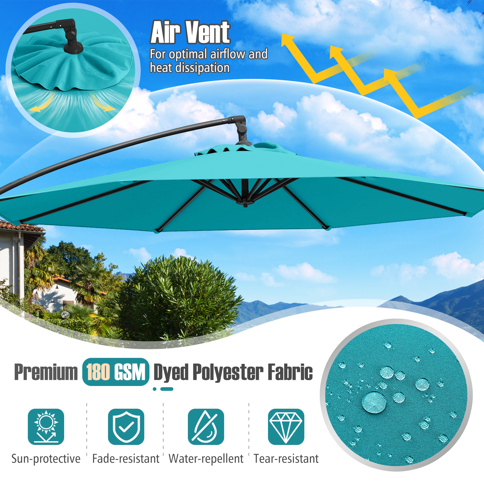 SUGIFT 10-ft Turquoise Offset Cantilever Patio Umbrella with Base Infinite Tilt and 360-Degree Rotation