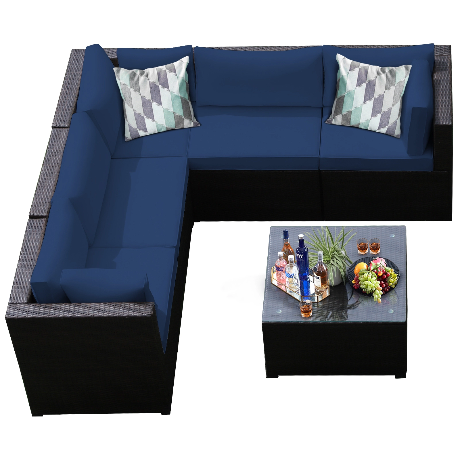 SUGIFT 6-Piece Navy Patio Rattan Sectional Set with Glass Table 27.5-in W 27.5-in D 27.5-in H 360-lb Sofa Capacity