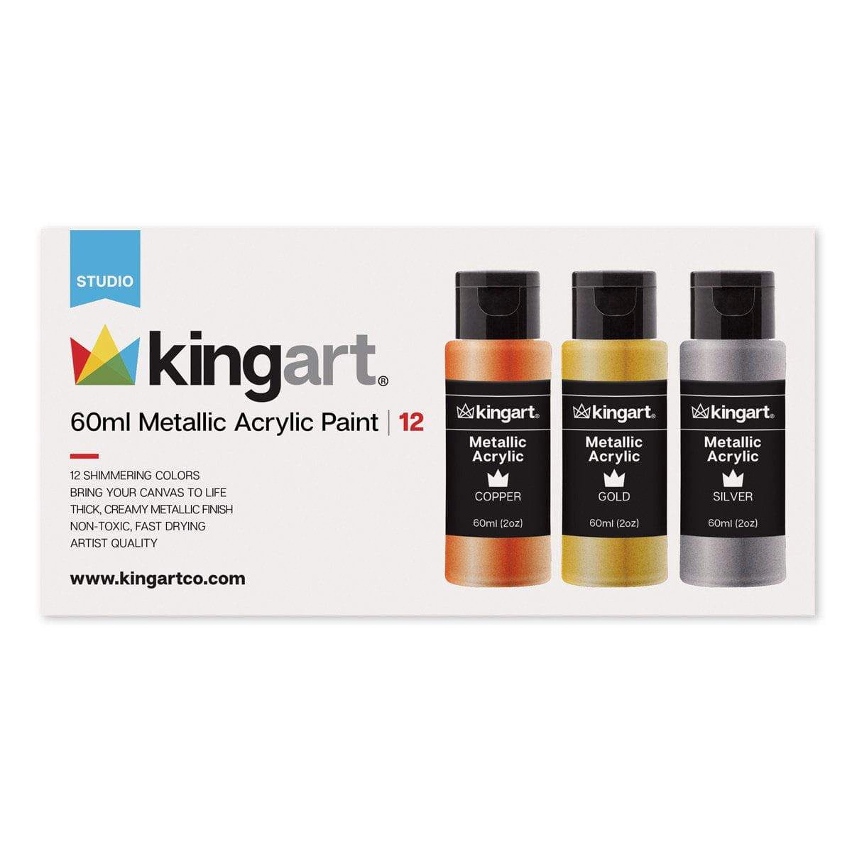 KINGART Studio Acrylic Paint Set - 12 Metallic Colors - 60 ml Bottles