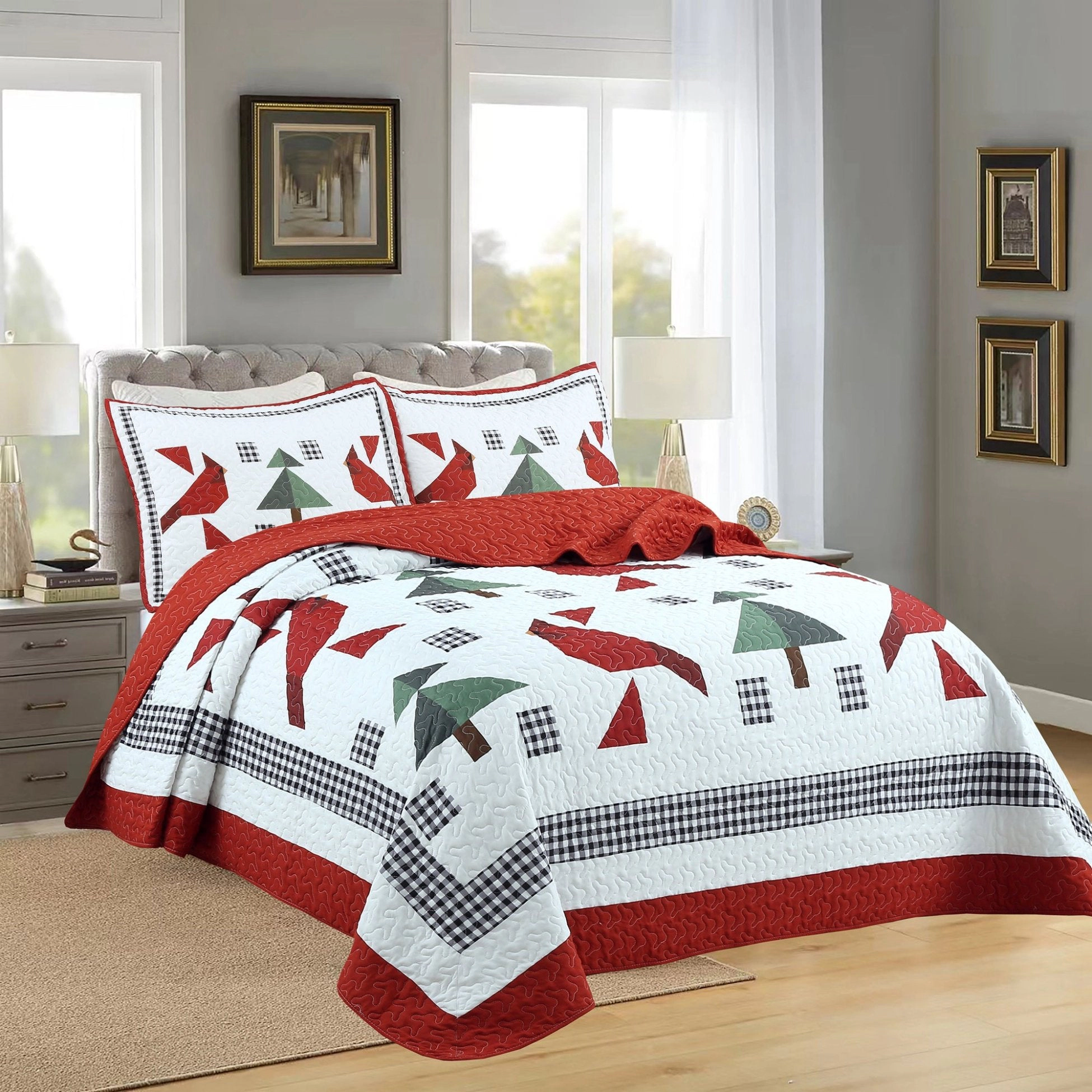 MarCielo 3 Piece Christmas Cardinal Quilt Set – Winter Holiday Bedspread Set
