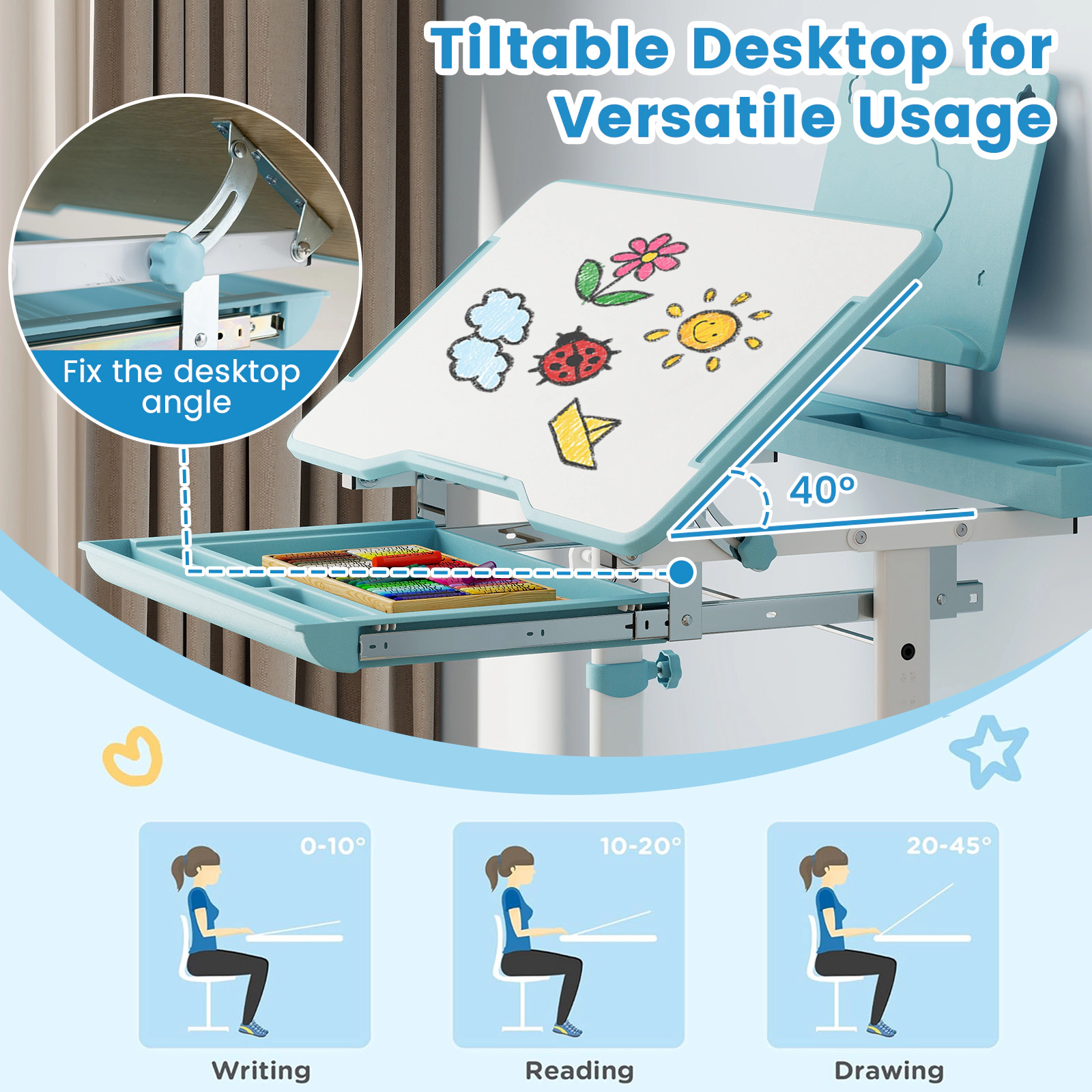 SUGIFT Adjustable Kids Study Desk & Chair Set with Tilt Desktop & Book Stand 176-lb Desktop 220-lb Seat 3+ Years Blue