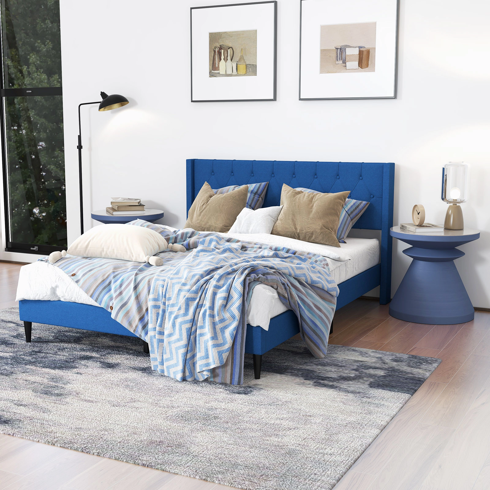LJG Queen Size Upholstered Platform Bed with Button Tufted Wingback Headboard