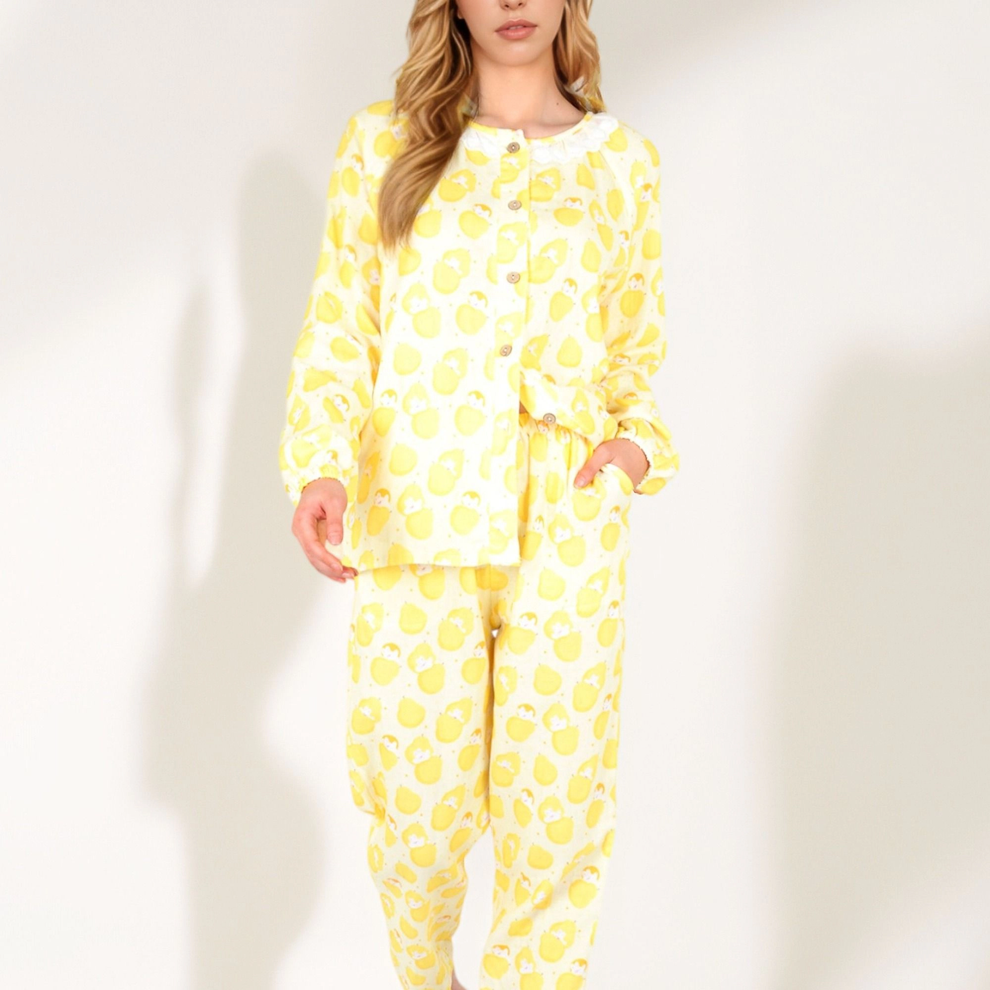 Anna-Kaci Women's Lemon Print Long Sleeve Pajama Set with Ruffle Trim Button Top and Relaxed Fit Elastic Waist Pants