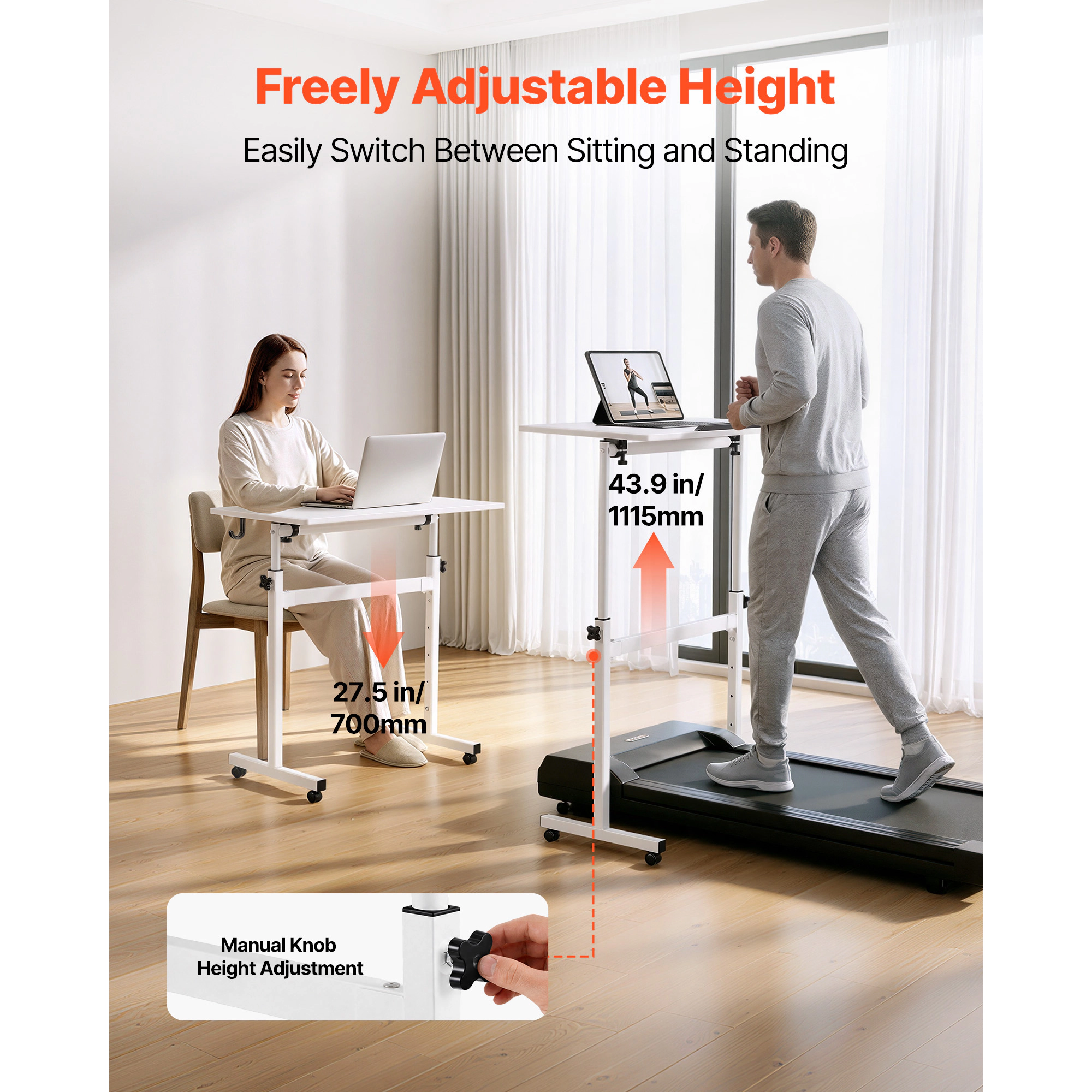 HONGGE Standing Desk, Adjustable Height Mobile Stand Up Desk with Casters, Small Computer Sit Stand Desk