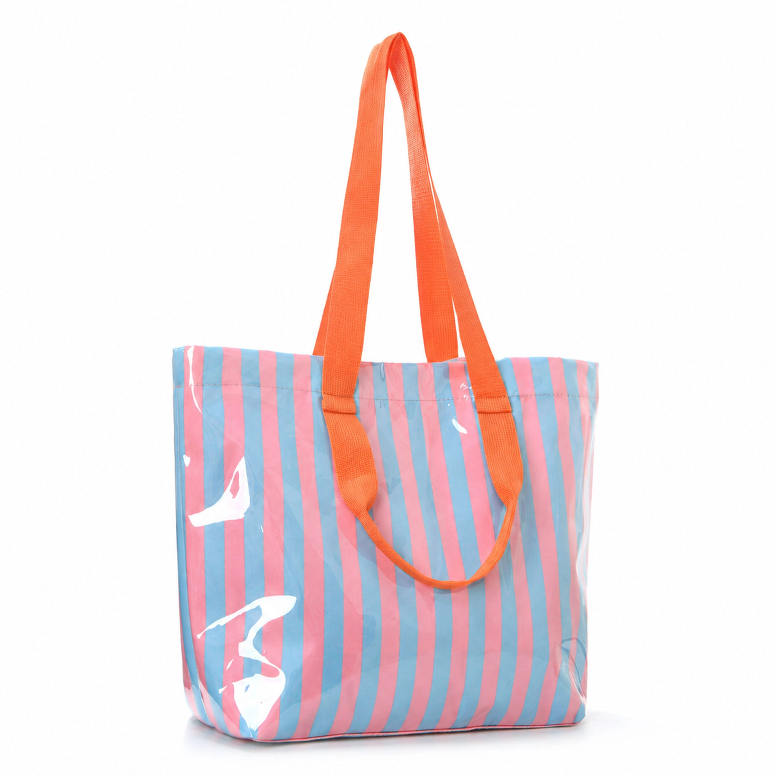 Alilang Women's Striped PVC Beach Tote Bag with Magnetic Closure and Zip Pocket, Green Pink Stripe