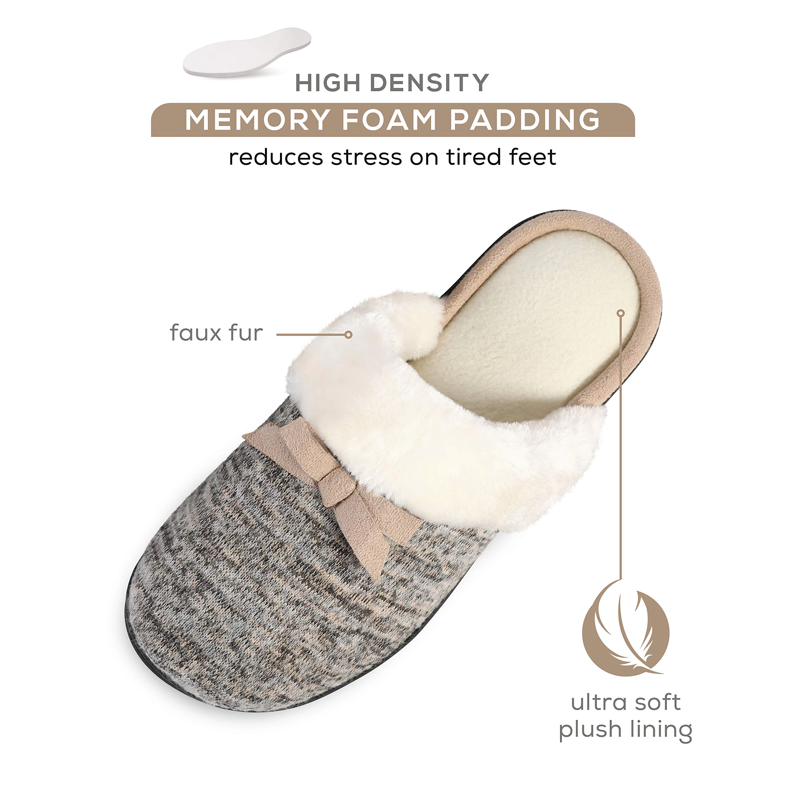 Roxoni Women’s Cozy Memory Foam Slippers – Fuzzy Faux Fur with Anti-Skid Sole & Bow