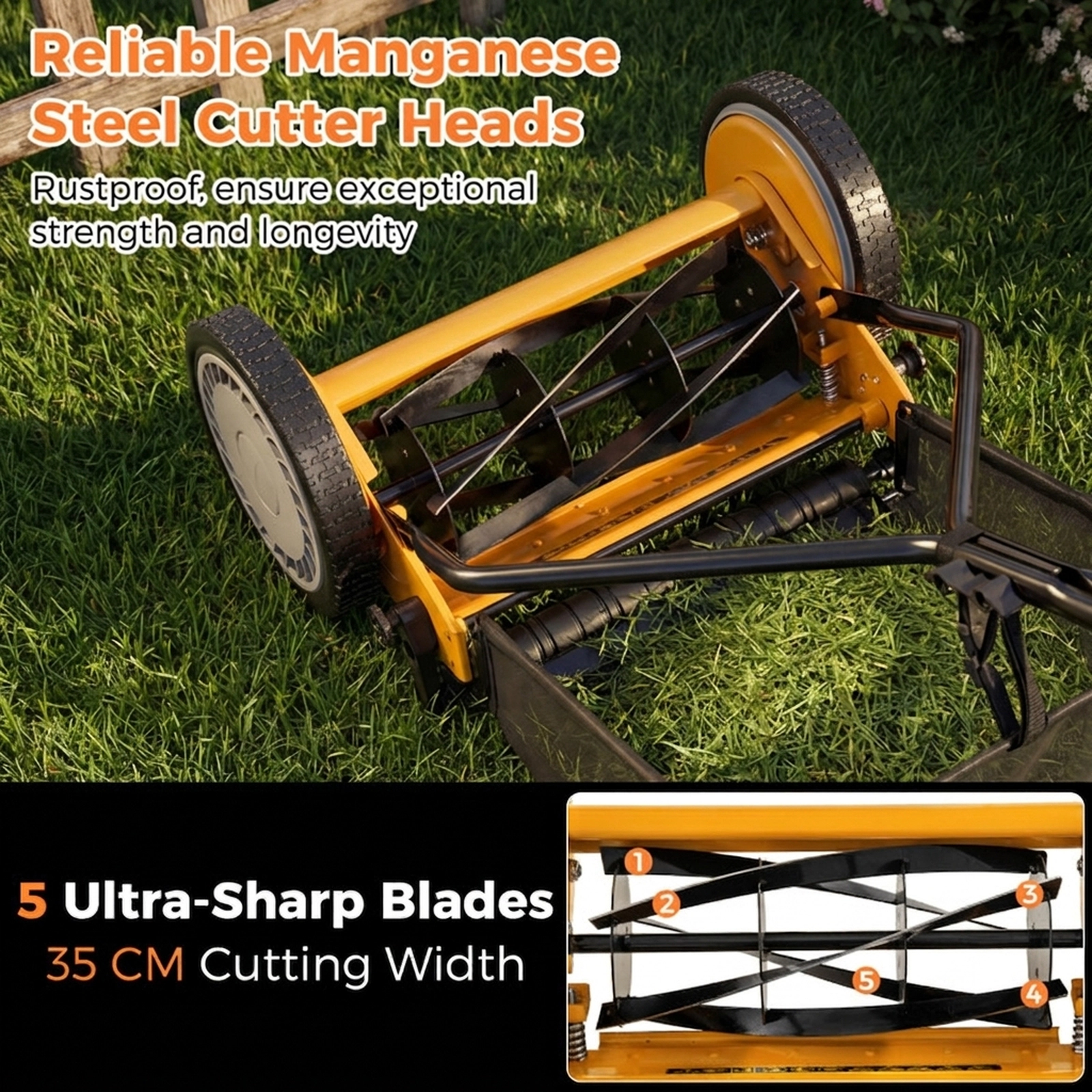 SUGIFT Manual Push Lawn Mower with 5 Steel Blades 14-in Cutting Width Grass Catcher Bag Orange