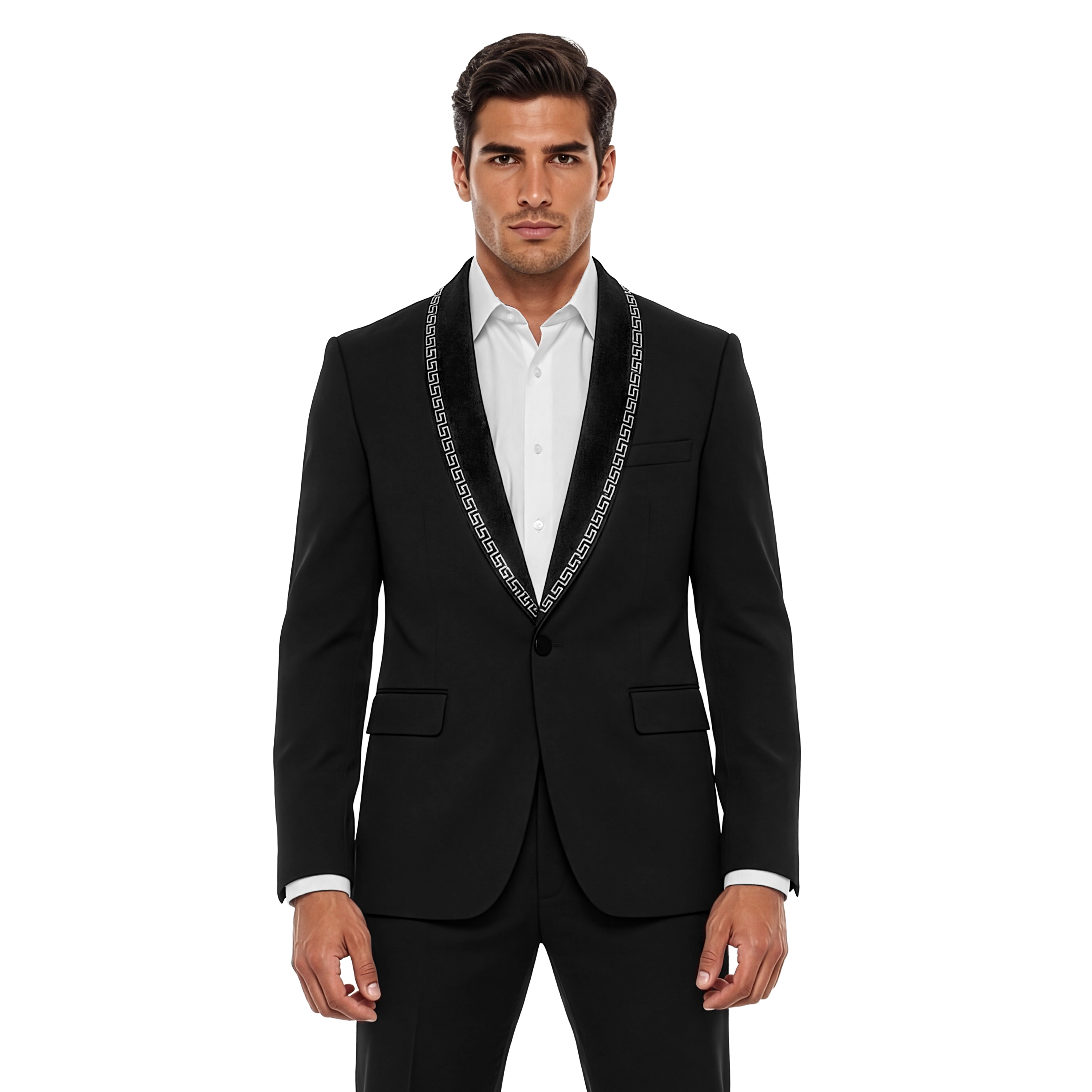 Tazzio Mens Flared Pants Rhinestone Studded Tuxedo Set Shawl Collar 2 Piece, Skinny Fit