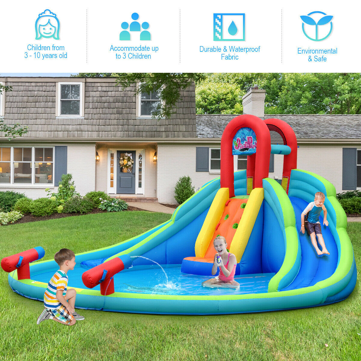 SUGIFT Inflatable Water Slide Bounce House with Mighty Splash Pool 300-lb Capacity Ages 3-10 As Picture Shows
